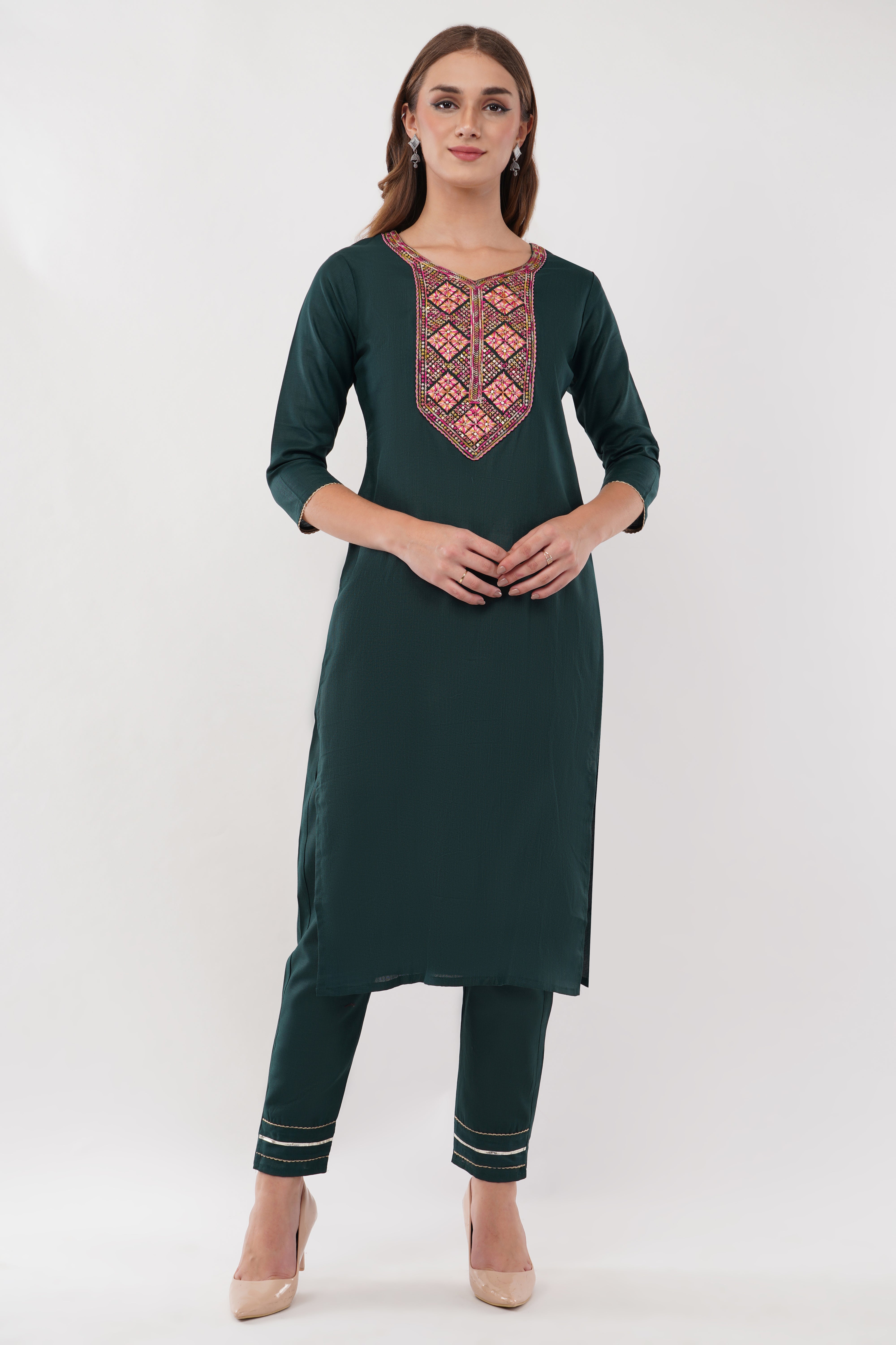 Dark Green Cotton Fabric Suit Set With Embroidered Yoke - Set Of 3