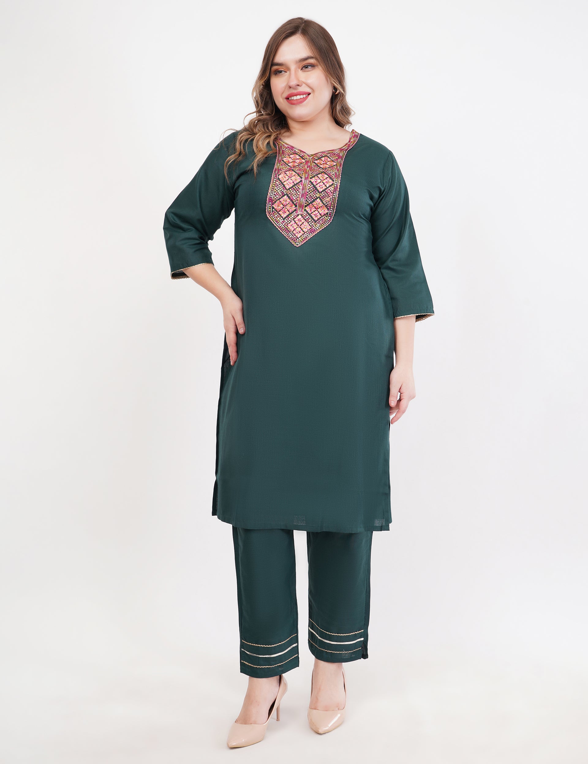 Dark Green Cotton Fabric Suit Set With Embroidered Yoke - Set Of 3