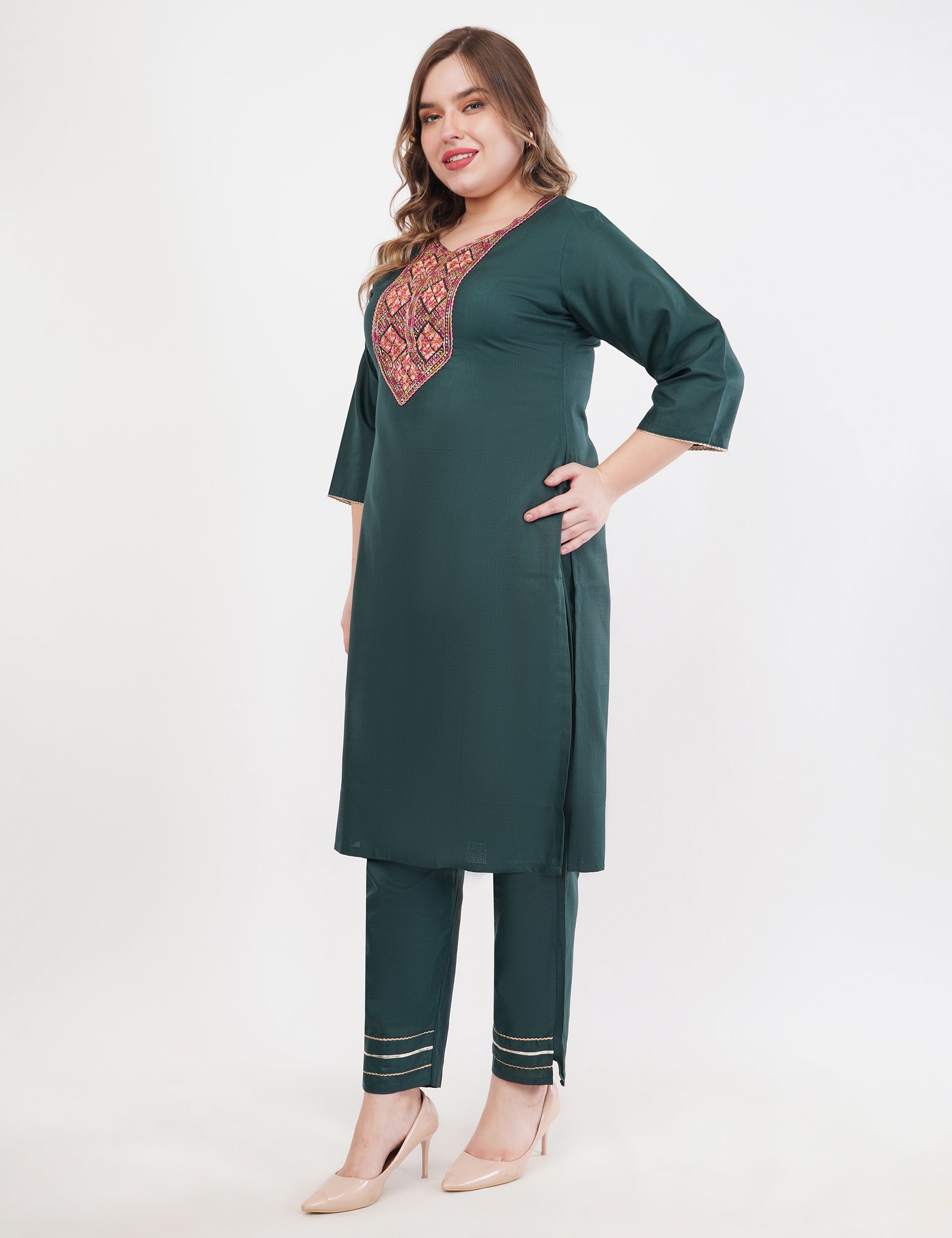 Dark Green Cotton Fabric Suit Set With Embroidered Yoke - Set Of 3