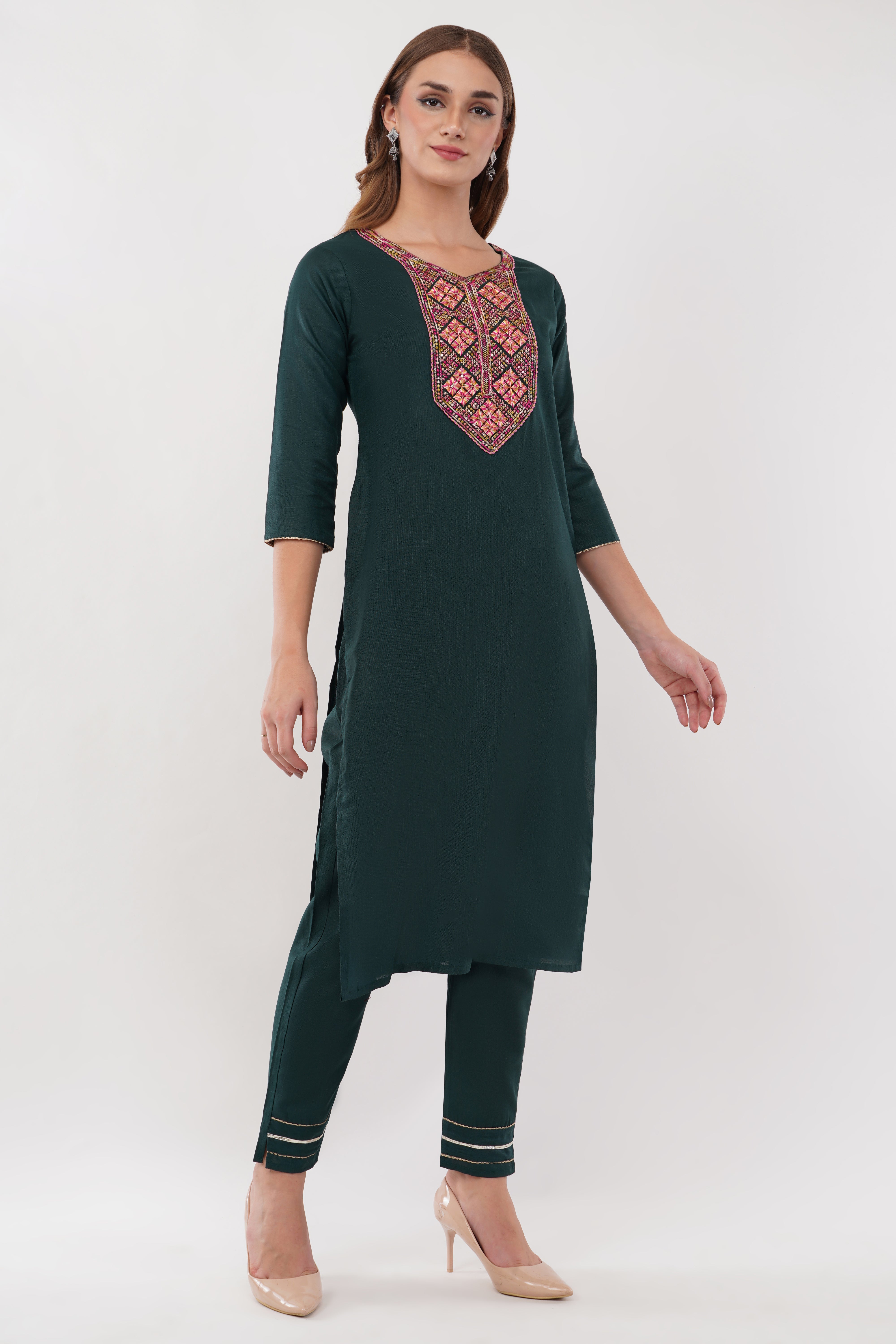 Dark Green Cotton Fabric Suit Set With Embroidered Yoke - Set Of 3