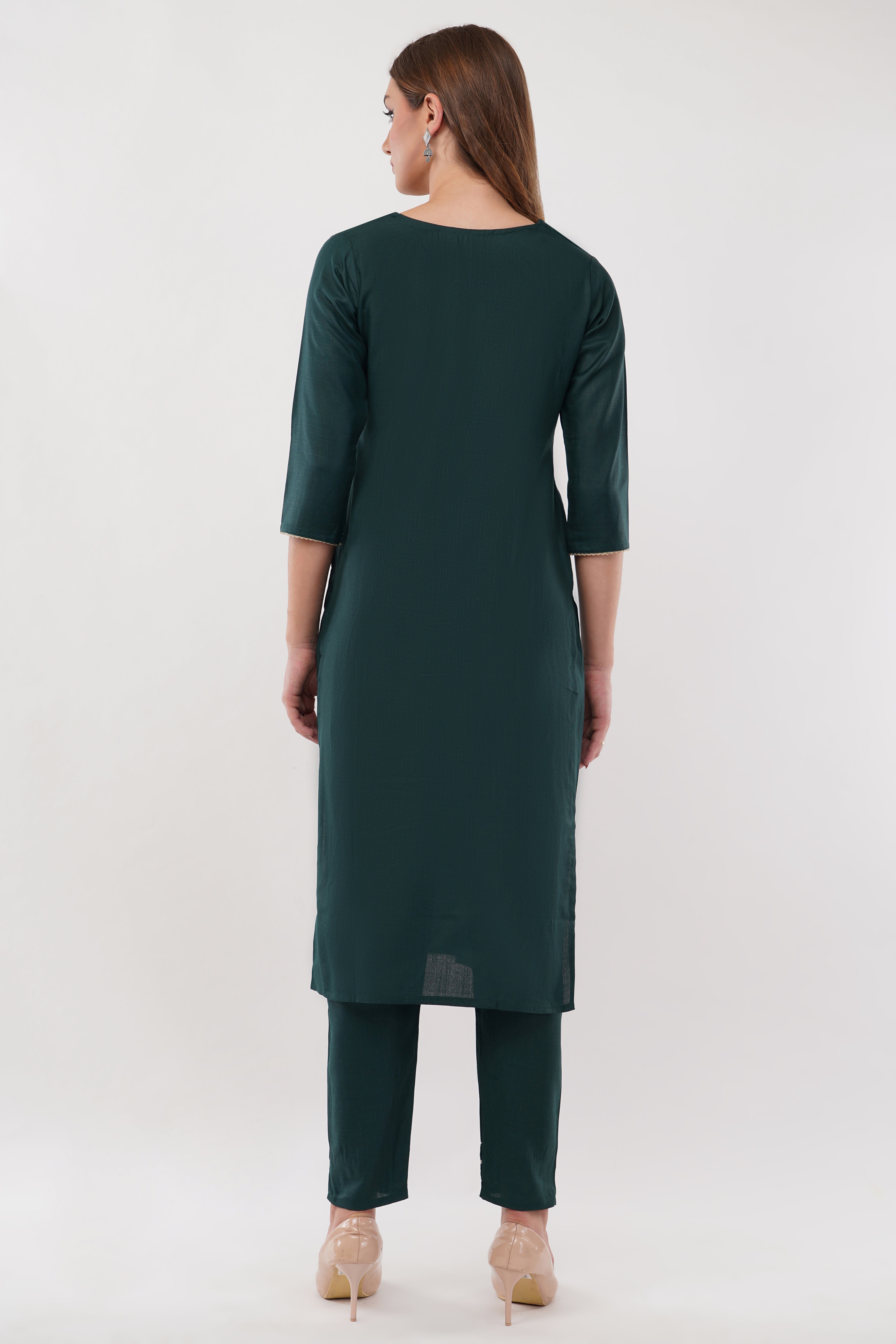 Dark Green Cotton Fabric Suit Set With Embroidered Yoke - Set Of 3