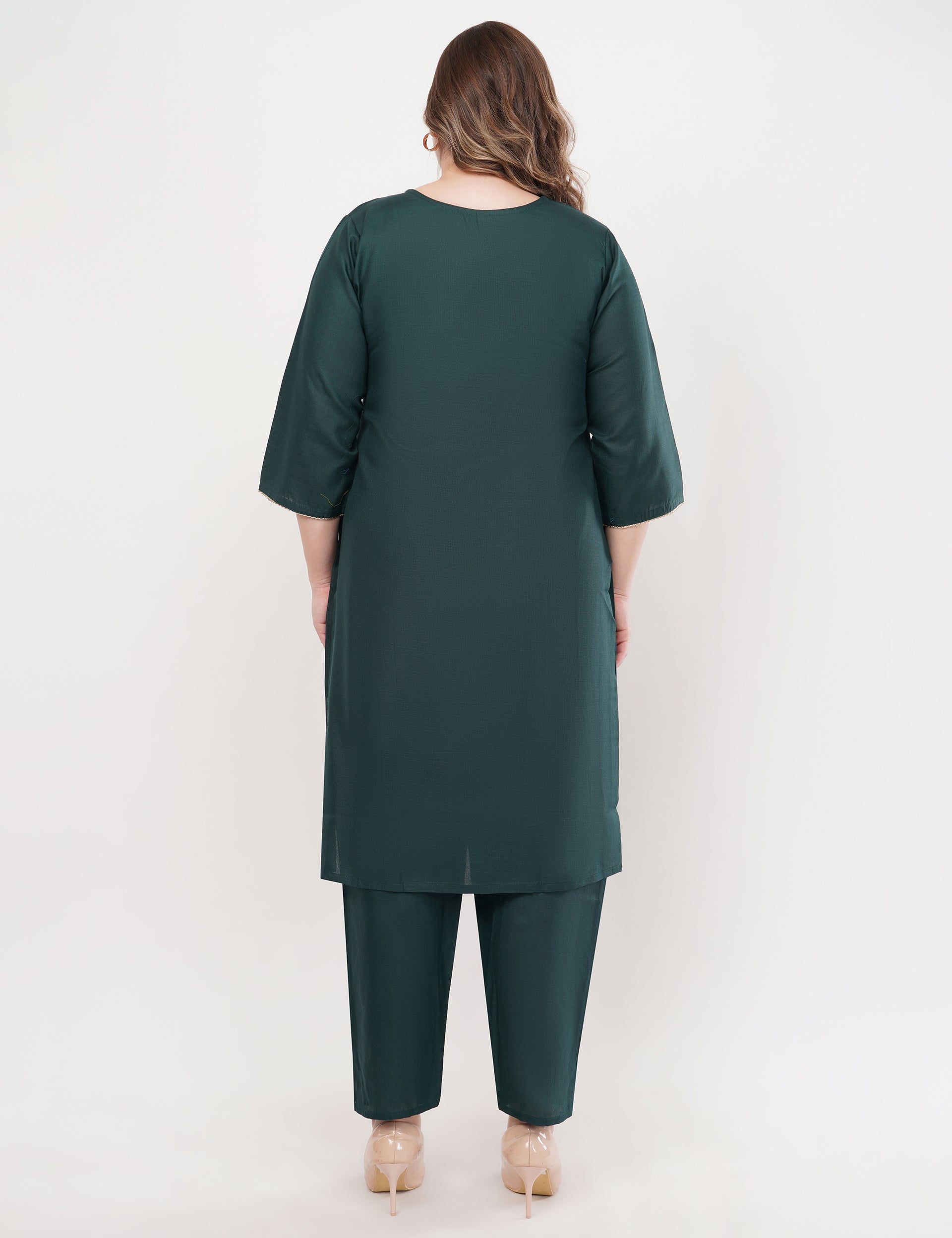Dark Green Cotton Fabric Suit Set With Embroidered Yoke - Set Of 3