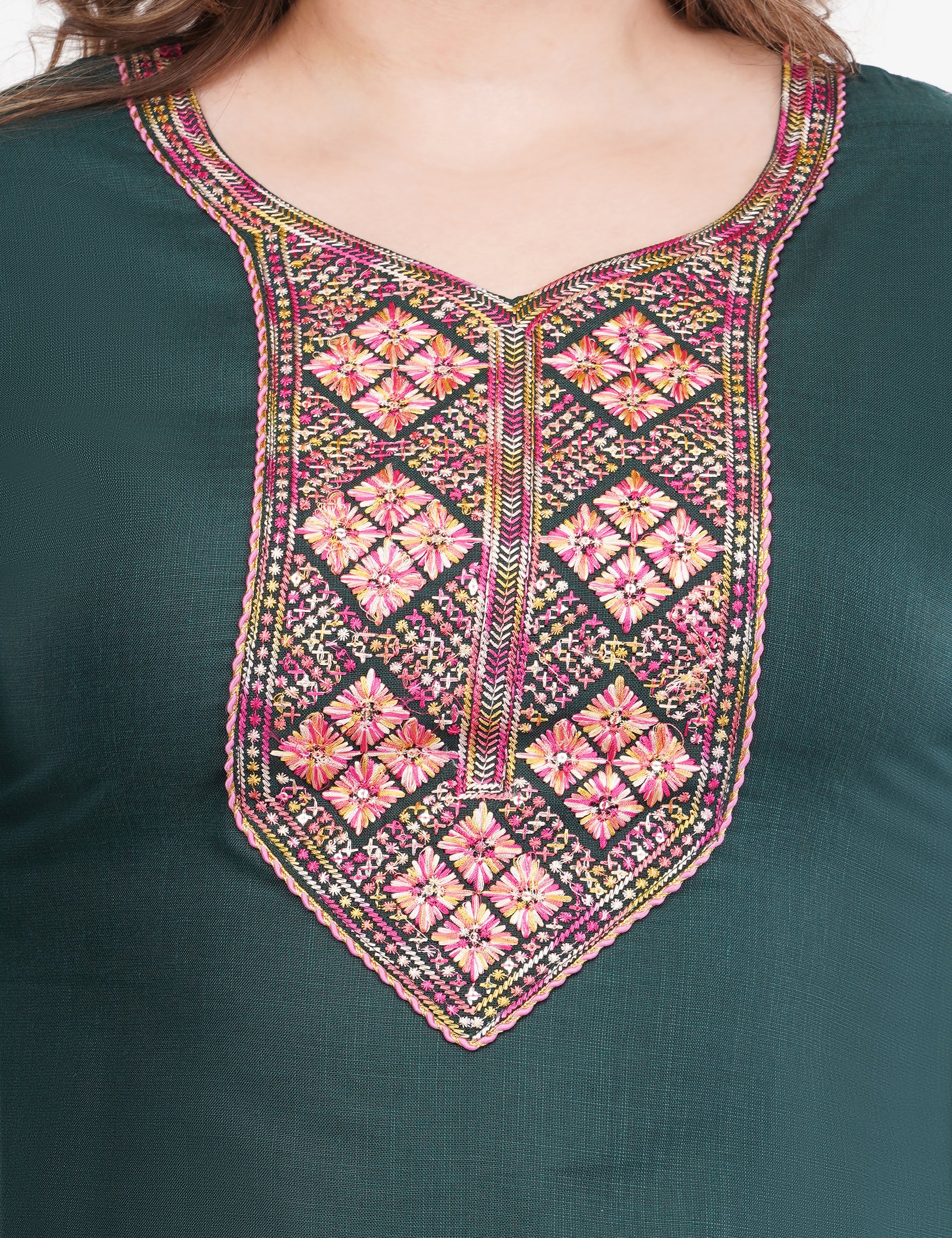 Dark Green Cotton Fabric Suit Set With Embroidered Yoke - Set Of 3