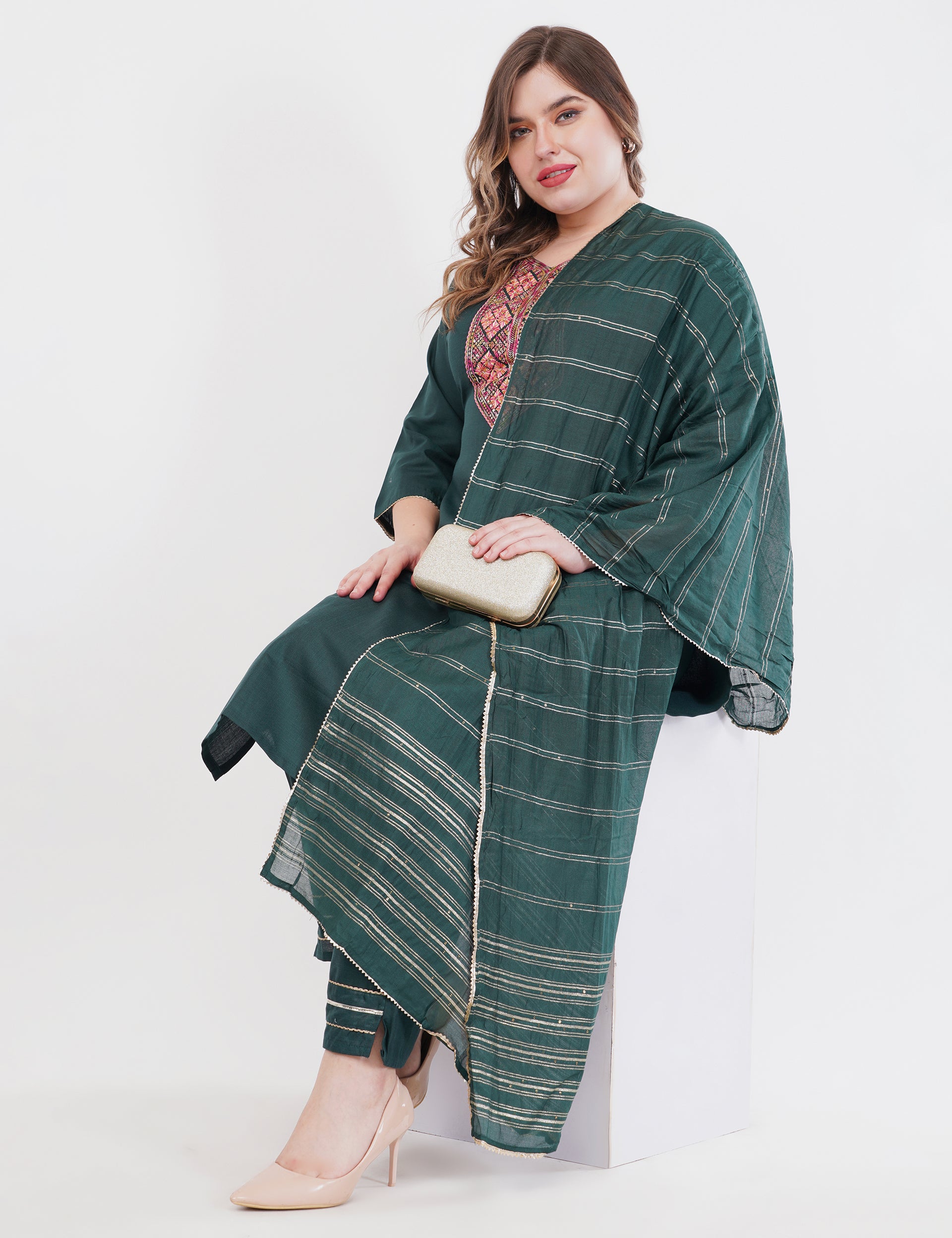 Dark Green Cotton Fabric Suit Set With Embroidered Yoke - Set Of 3