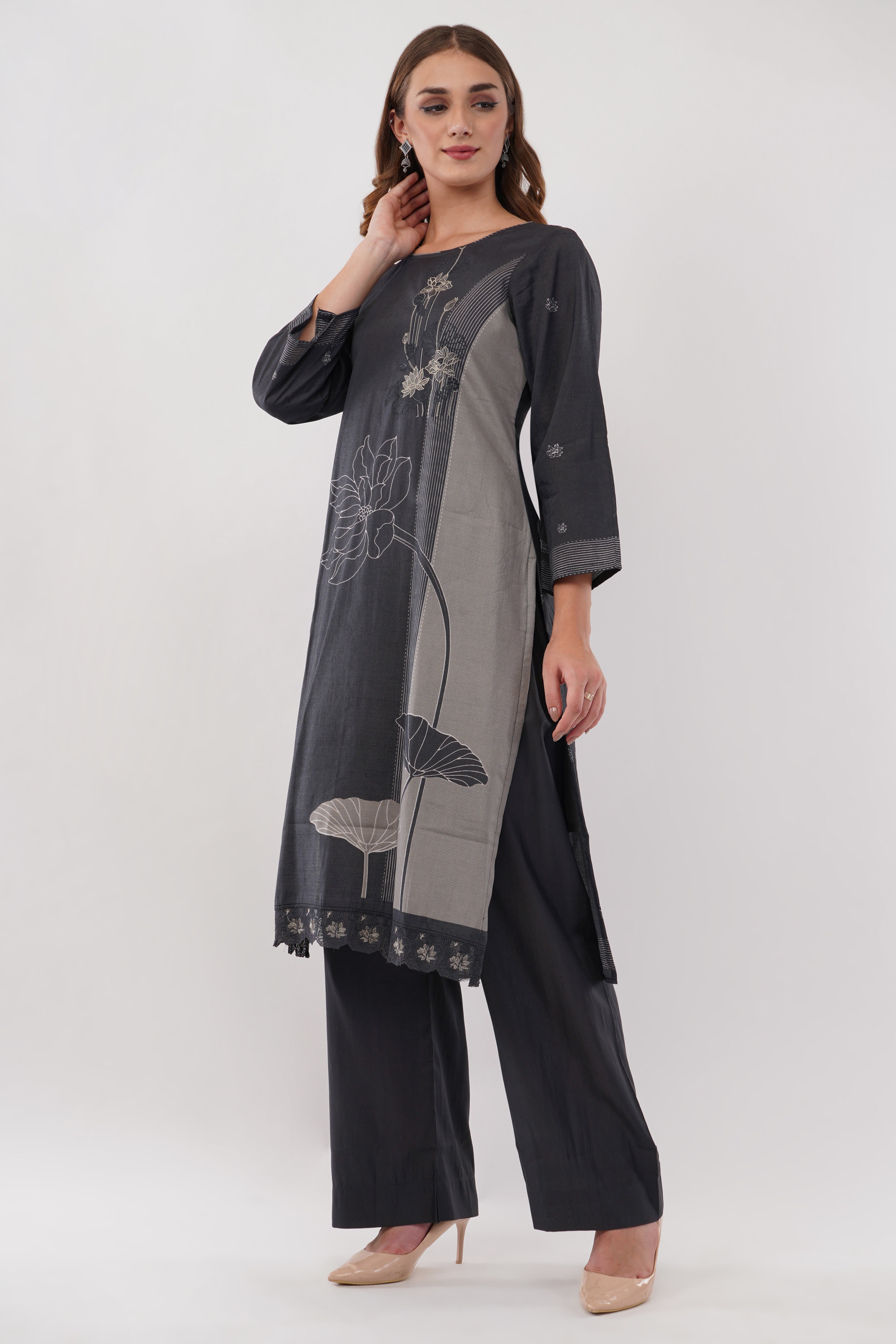 Dark Grey Cotton Fabric Suit Set With Embroidered Yoke - Set Of 3