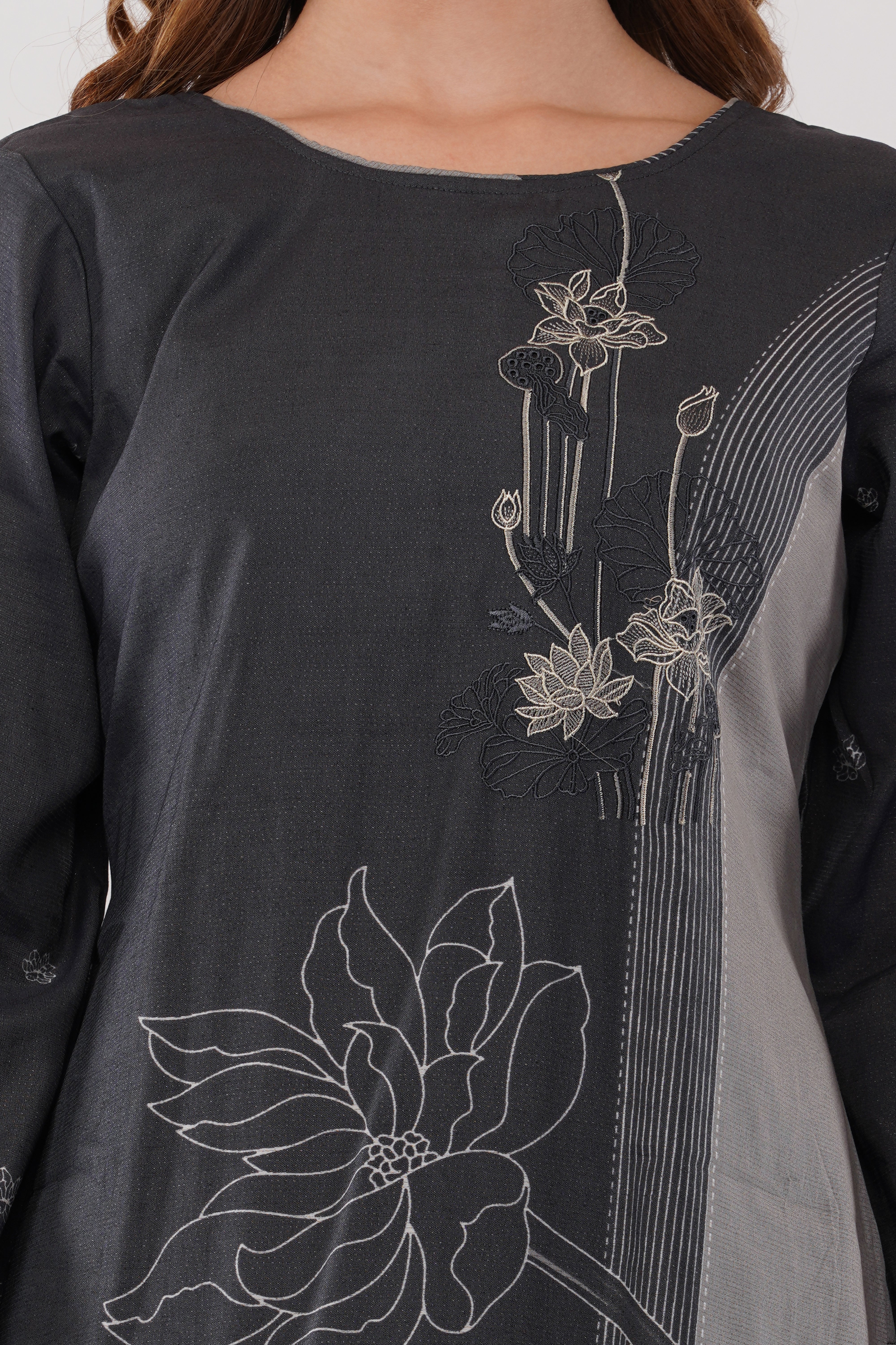 Dark Grey Cotton Fabric Suit Set With Embroidered Yoke - Set Of 3