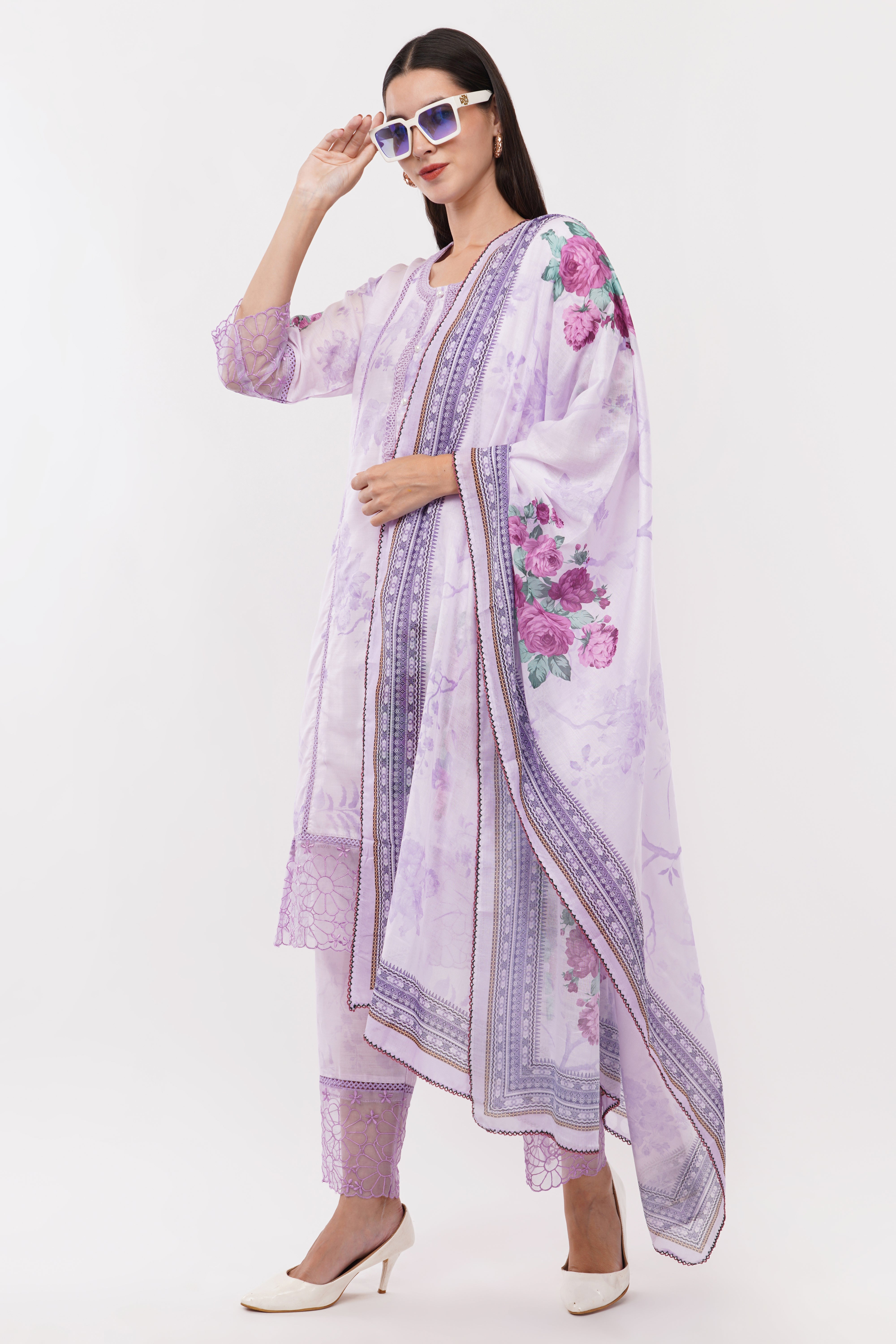 Lavender Short Printed Suit Set & Dupatta, With Sheer Details - Set Of 3
