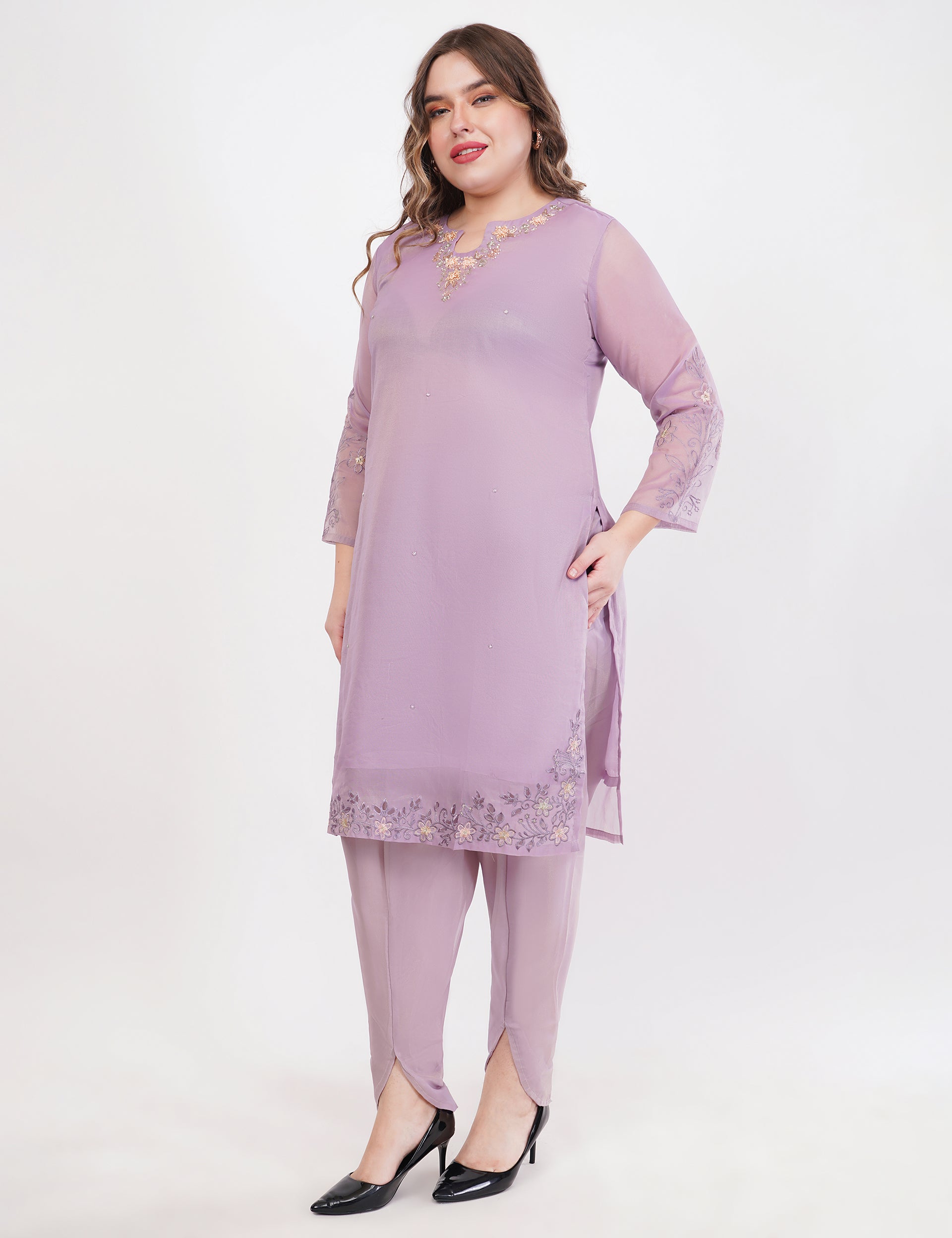 Lavender Shimmer Organza Embroidered Suit, Tulip Pants & Jacquard Dupatta - Set Of 3