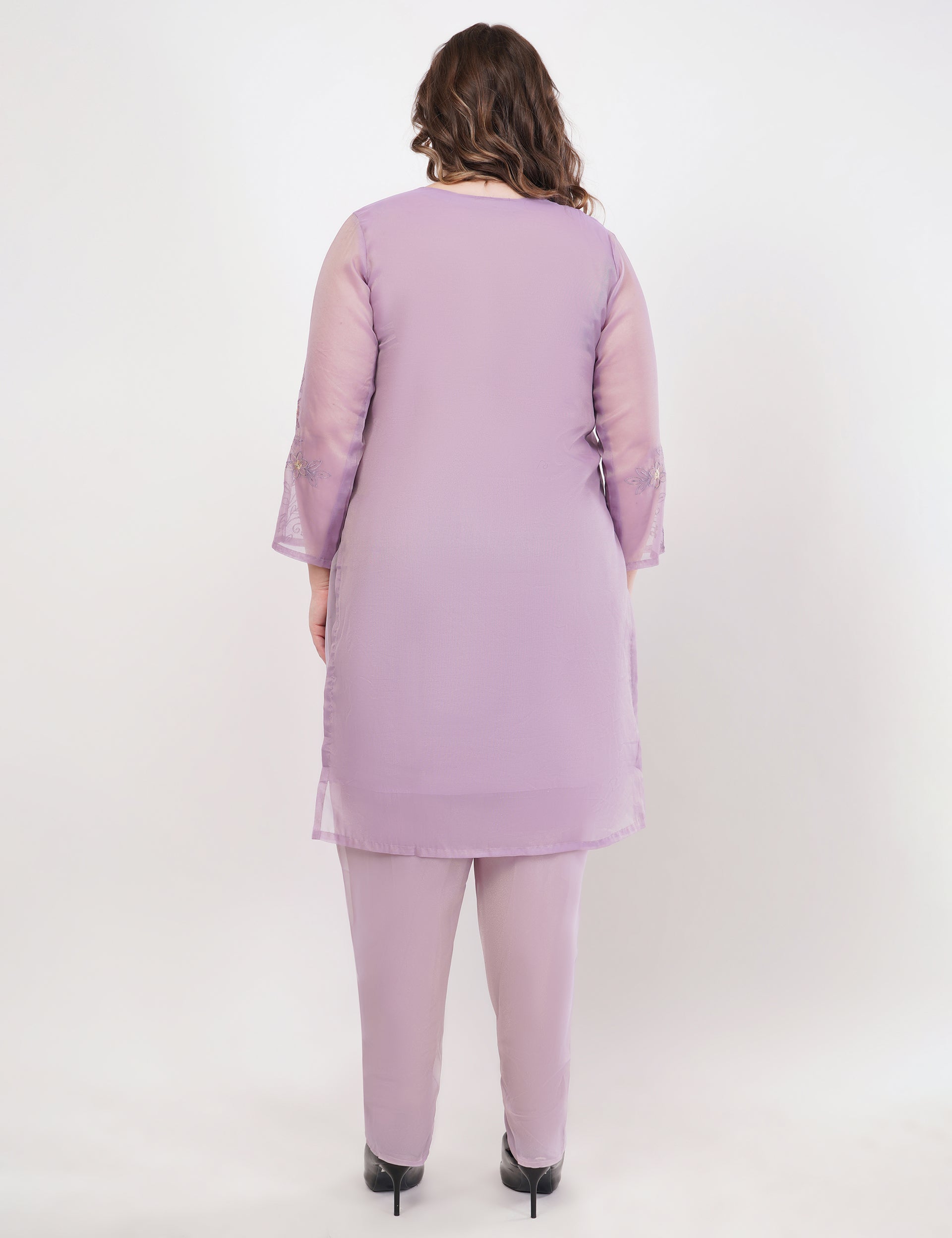 Lavender Shimmer Organza Embroidered Suit, Tulip Pants & Jacquard Dupatta - Set Of 3