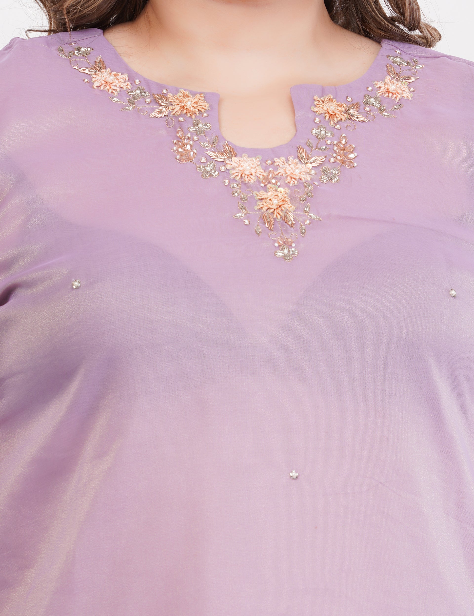 Lavender Shimmer Organza Embroidered Suit, Tulip Pants & Jacquard Dupatta - Set Of 3
