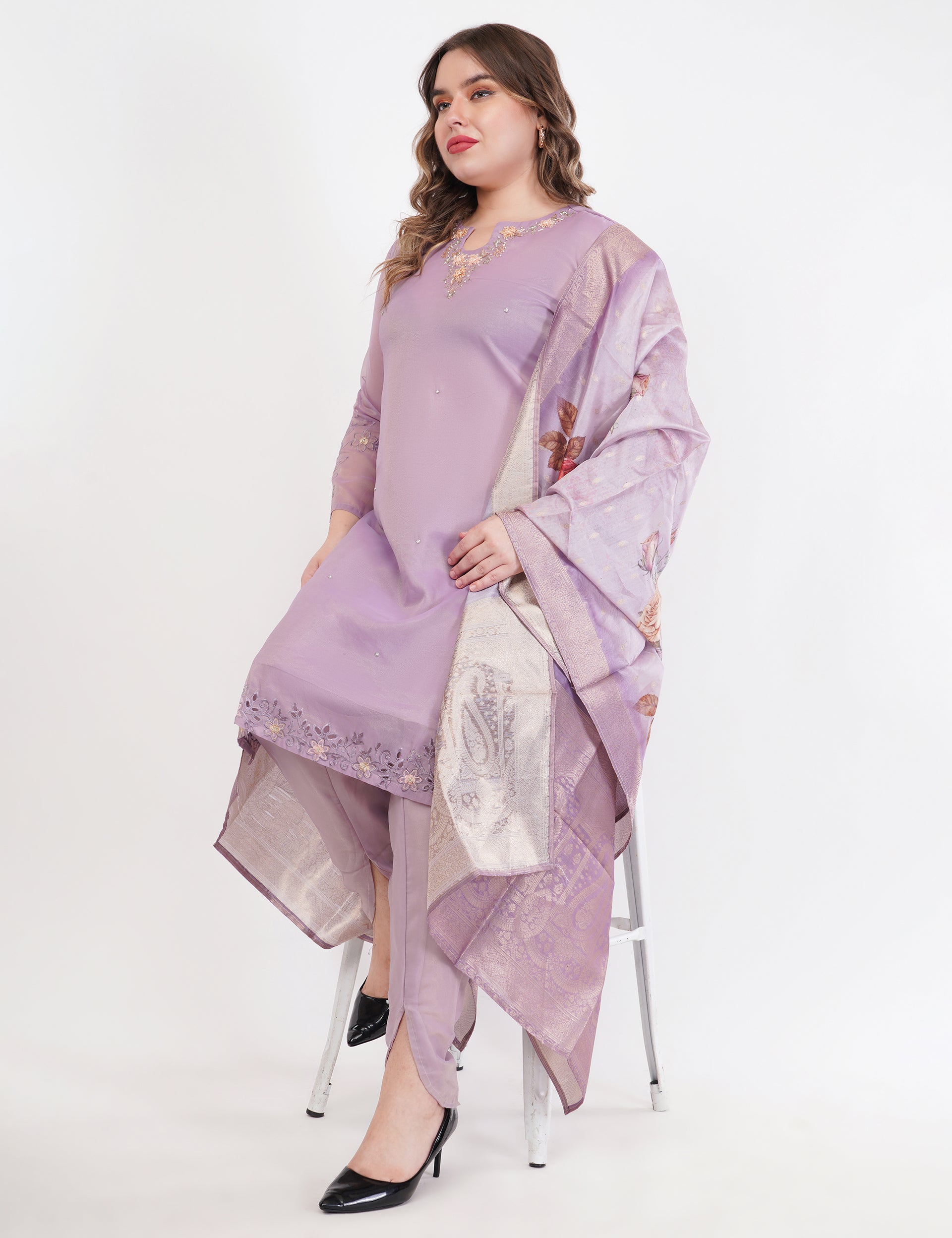 Lavender Shimmer Organza Embroidered Suit, Tulip Pants & Jacquard Dupatta - Set Of 3