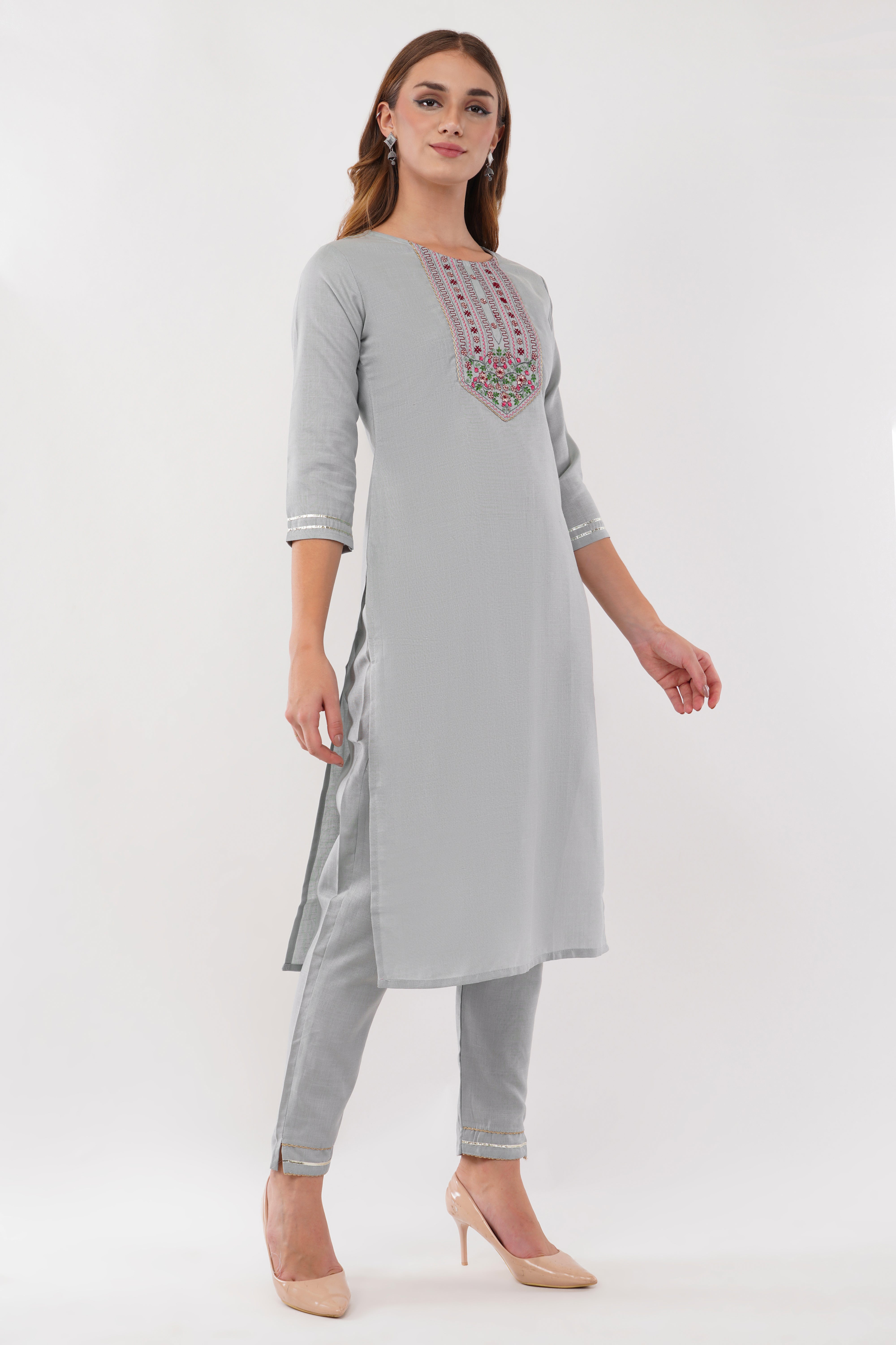 Light Blue Cotton Fabric Suit Set With Embroidered Yoke - Set Of 3