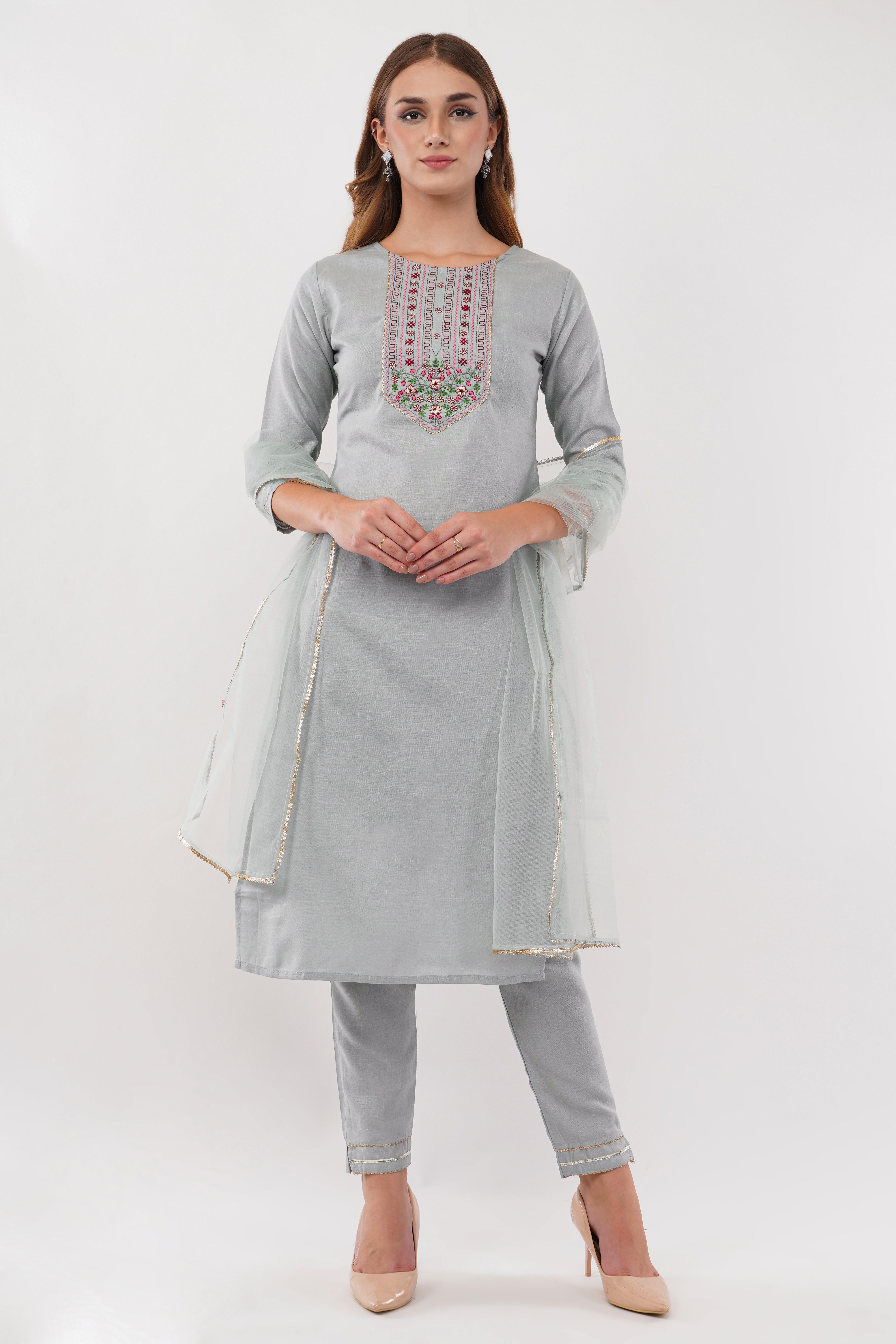 Light Blue Cotton Fabric Suit Set With Embroidered Yoke - Set Of 3