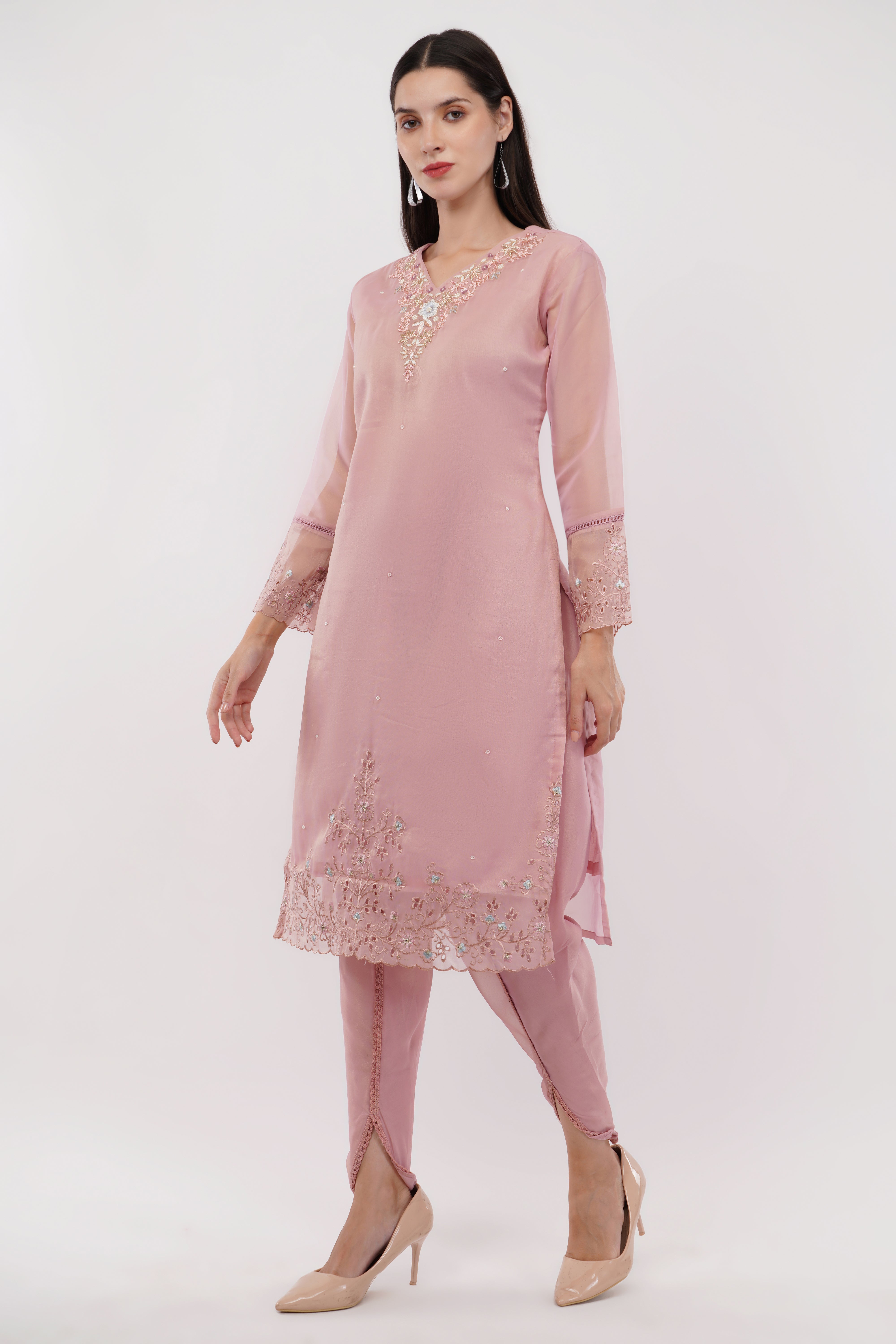 Light Pink Shimmer Organza Embroidered Suit, Tulip Pants & Jacquard Dupatta - Set Of 3
