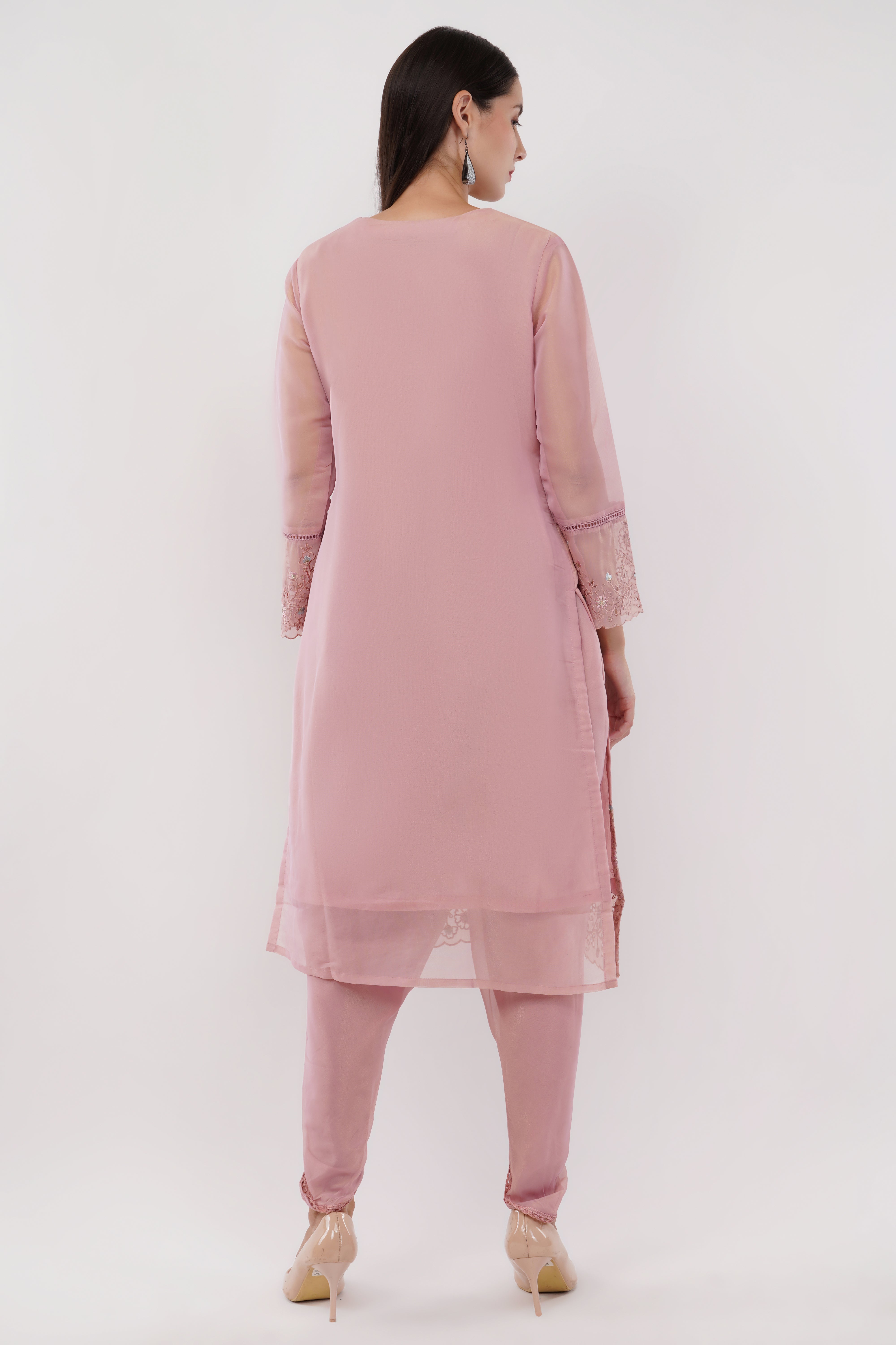 Light Pink Shimmer Organza Embroidered Suit, Tulip Pants & Jacquard Dupatta - Set Of 3