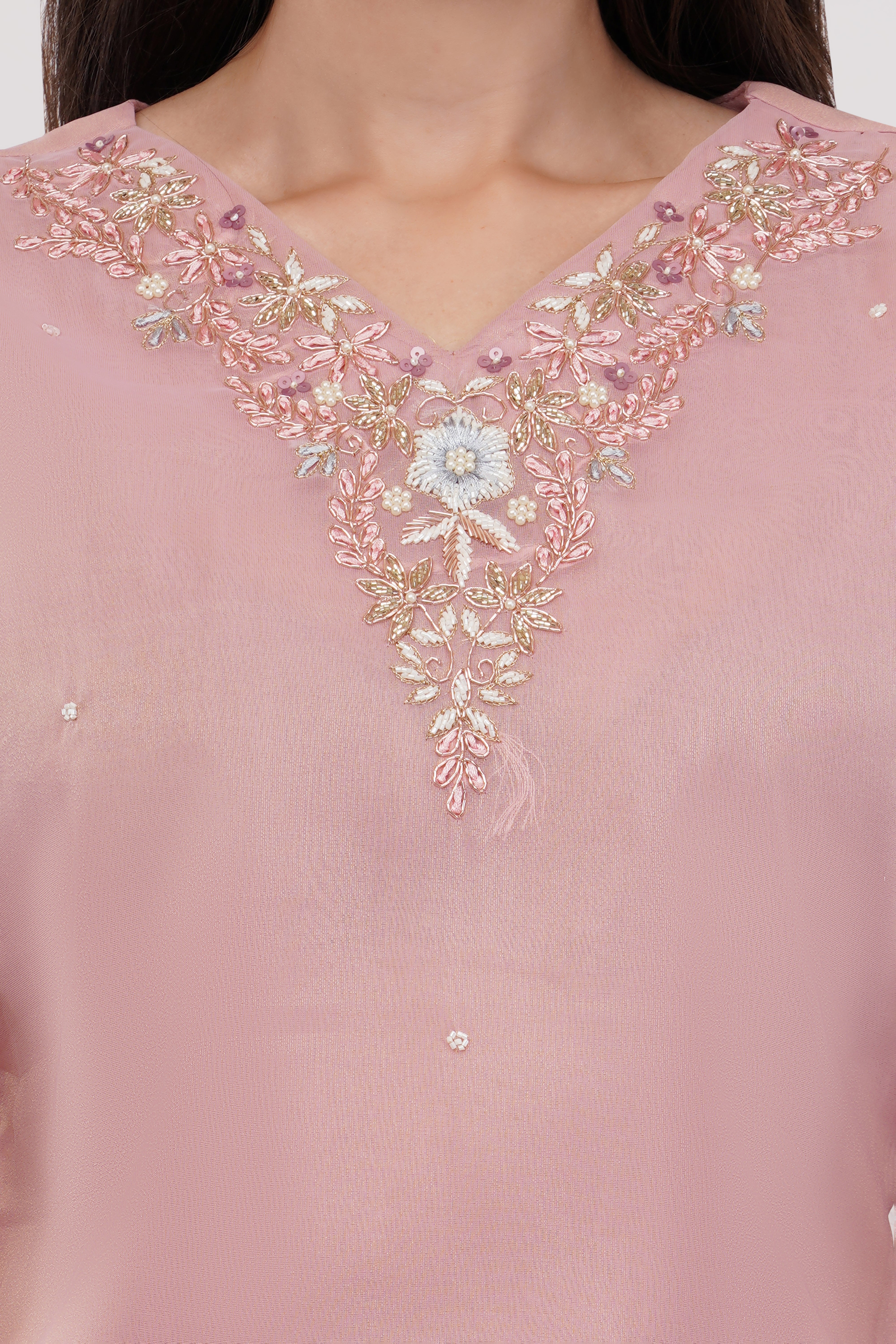 Light Pink Shimmer Organza Embroidered Suit, Tulip Pants & Jacquard Dupatta - Set Of 3