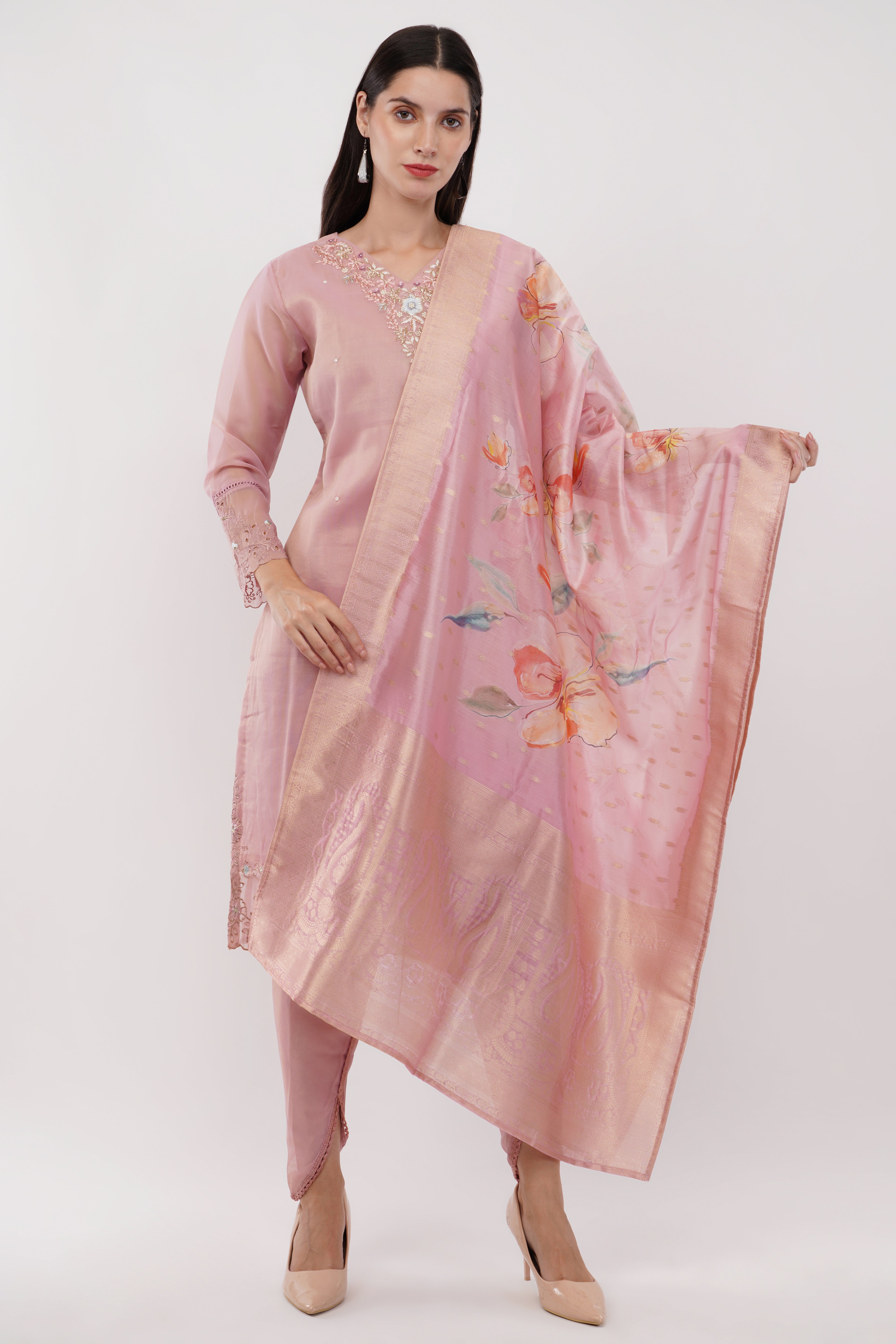 Light Pink Shimmer Organza Embroidered Suit, Tulip Pants & Jacquard Dupatta - Set Of 3