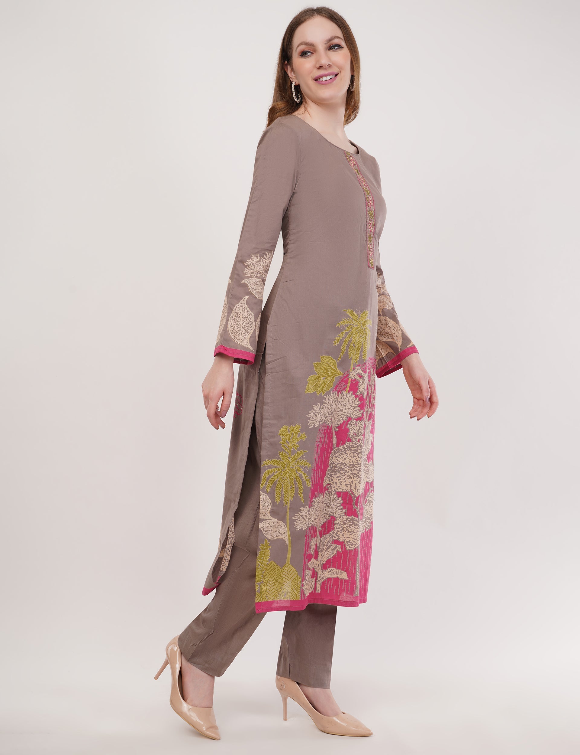 Printed & Embroidered Light Brown Suit Set - Set Of 3