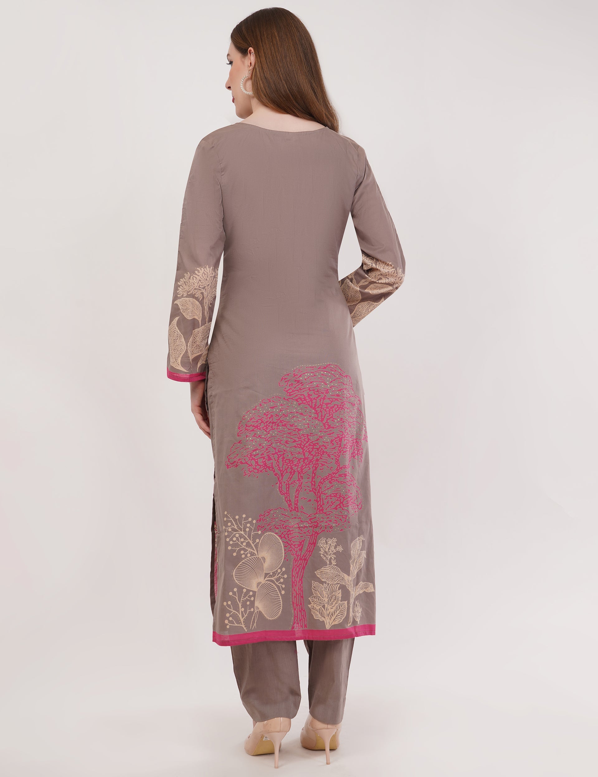 Printed & Embroidered Light Brown Suit Set - Set Of 3