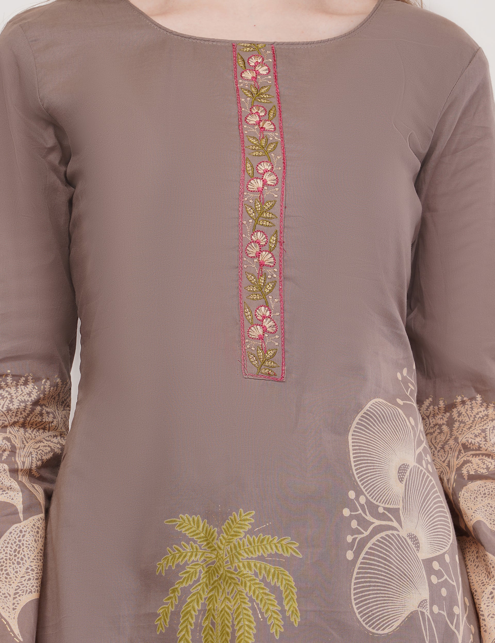 Printed & Embroidered Light Brown Suit Set - Set Of 3