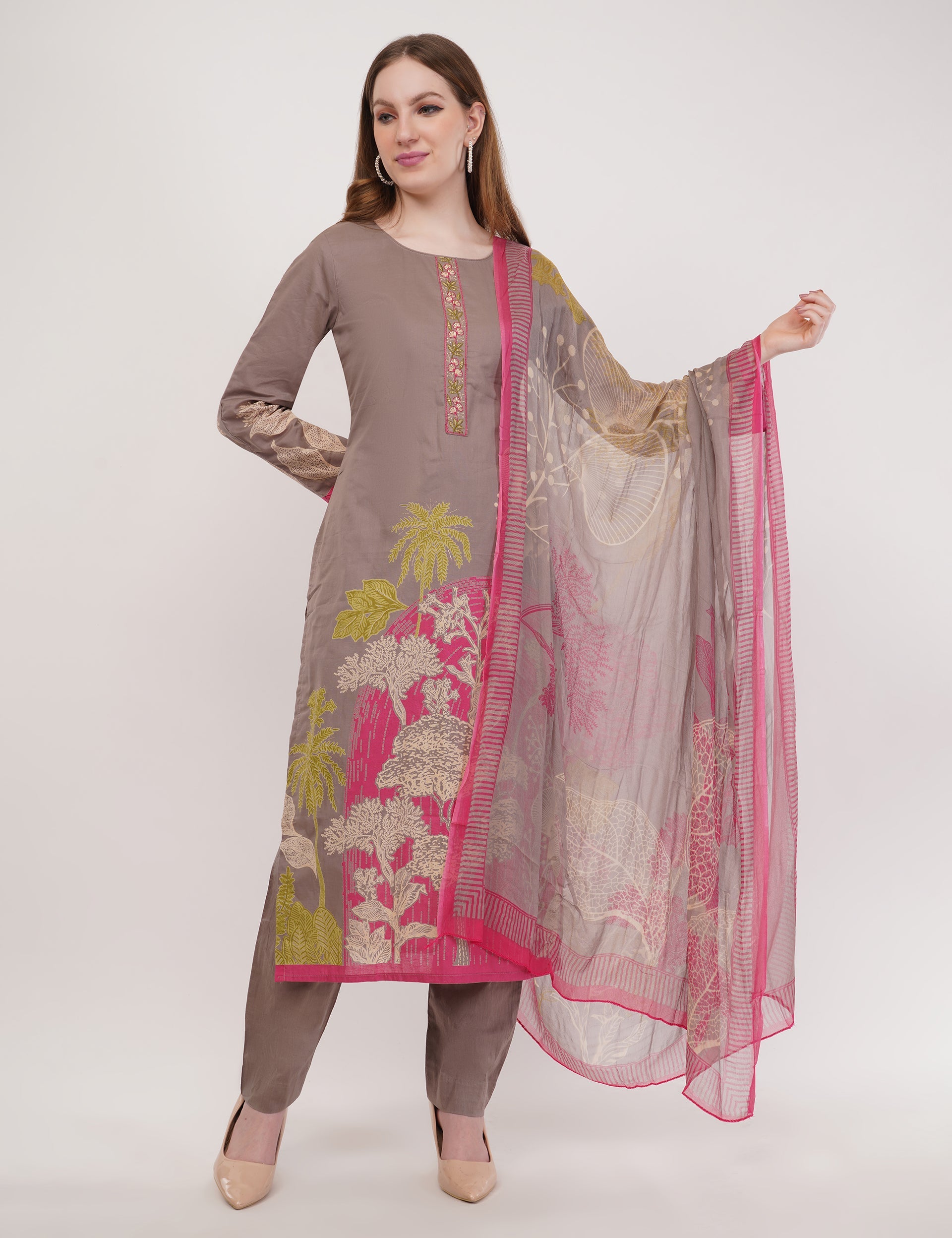 Printed & Embroidered Light Brown Suit Set - Set Of 3