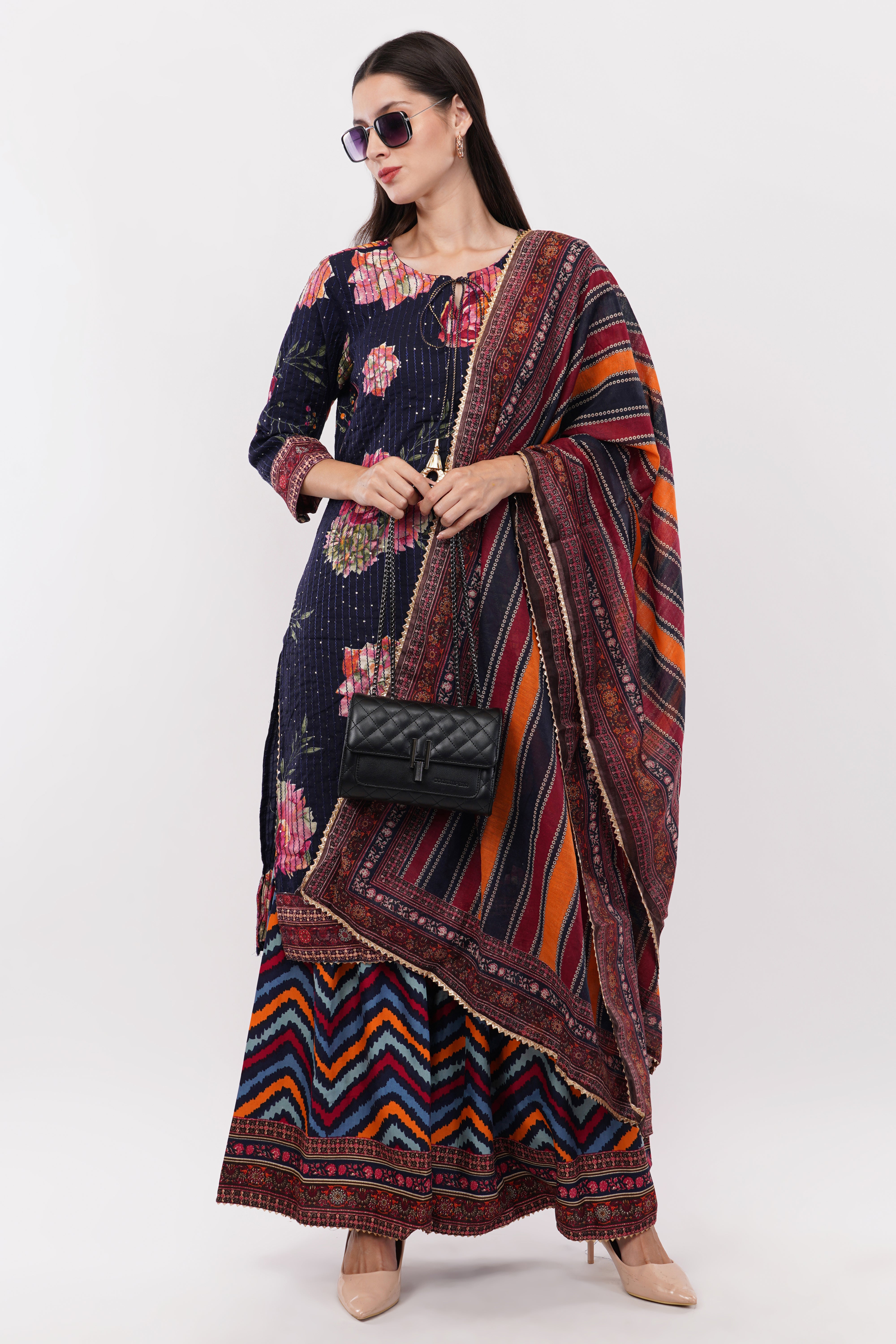 Rayon Suit With Flared Sharara Pants - Set Of 3