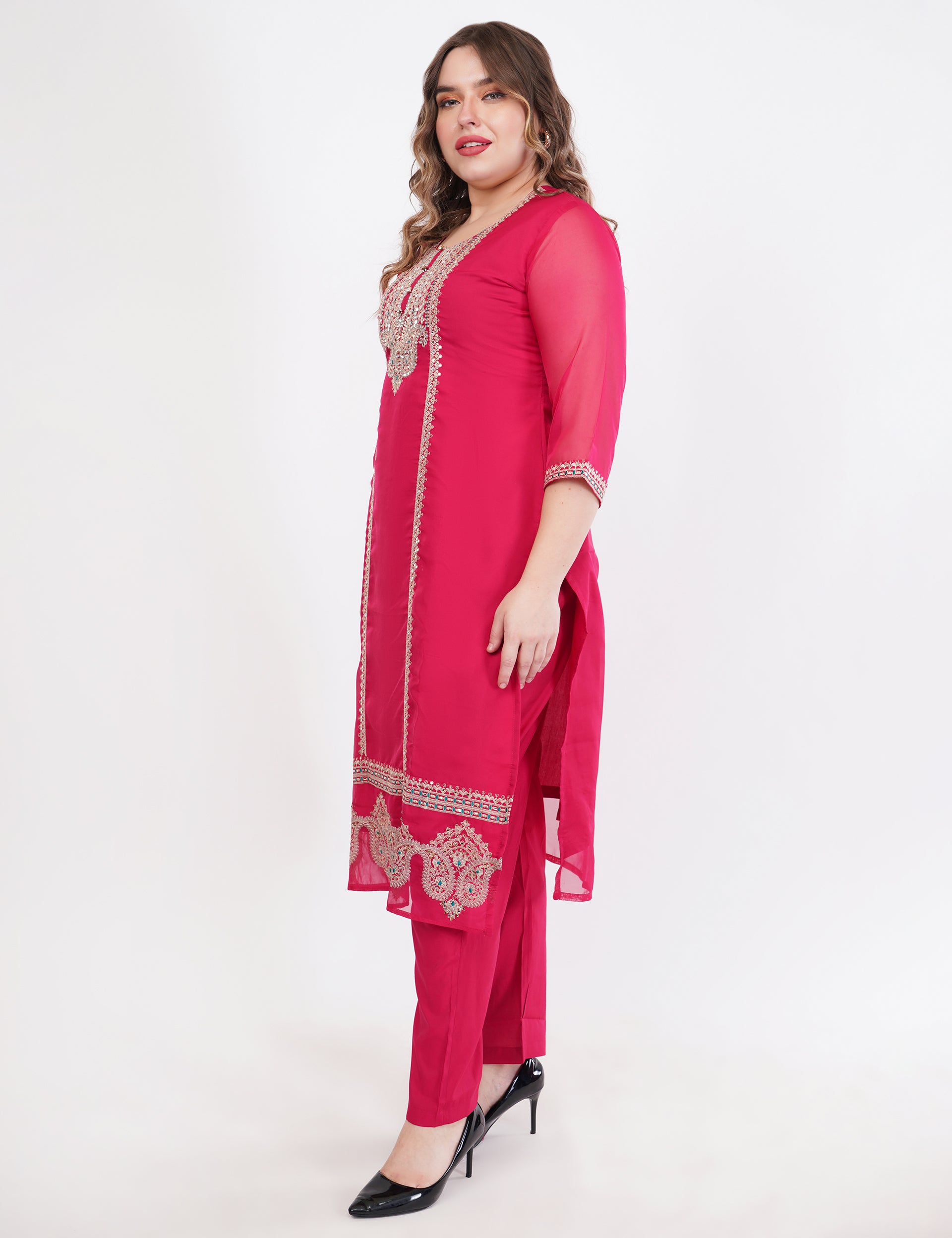 Magenta Embroidered Suit Set - Set Of 3