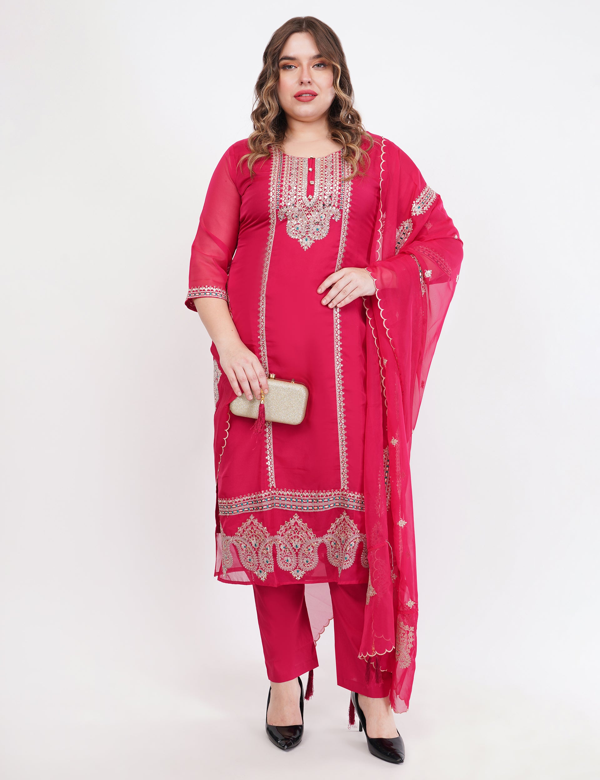 Magenta Embroidered Suit Set - Set Of 3