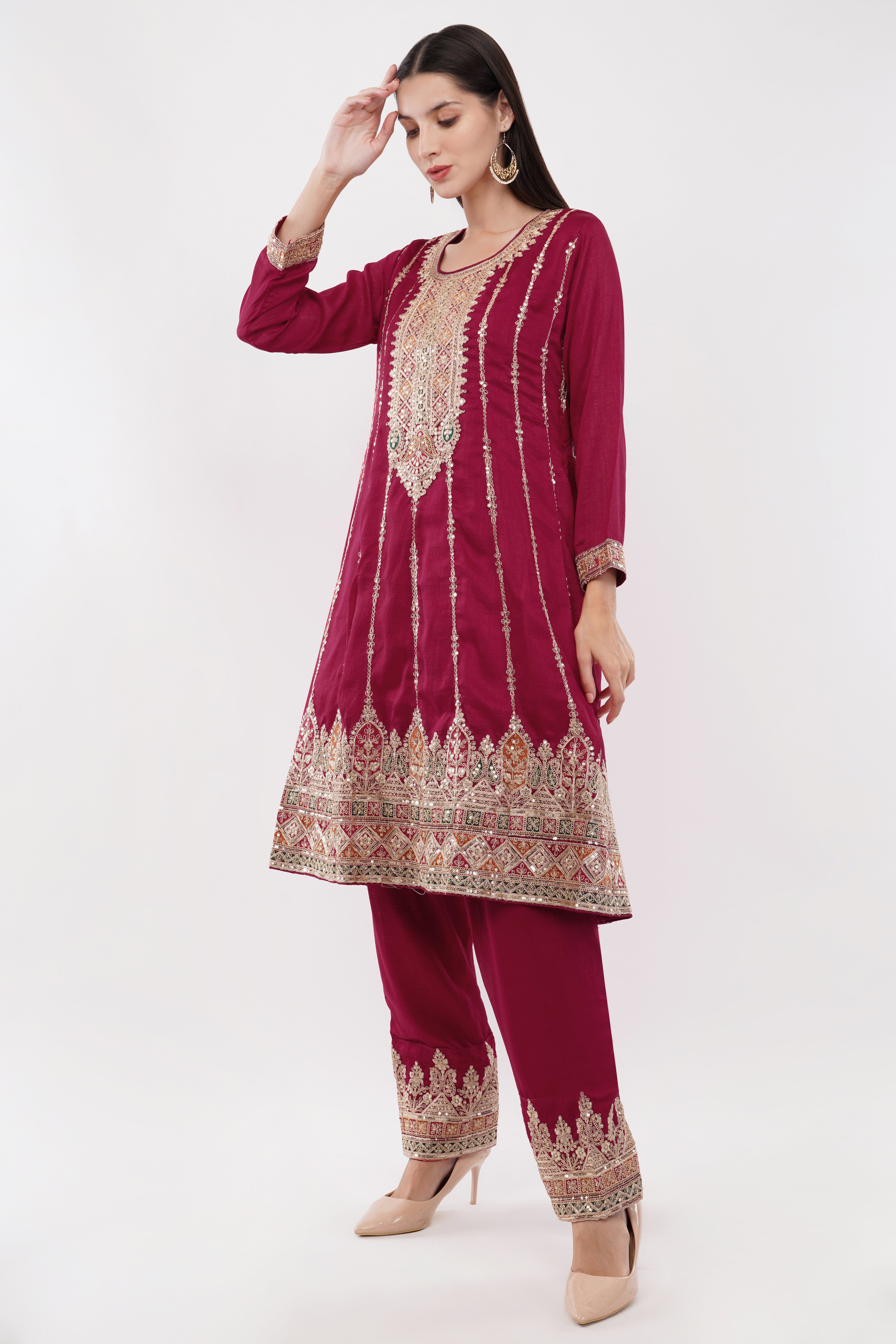 Embroidered Suit With Salwar Pants & Dupatta - Set Of 3