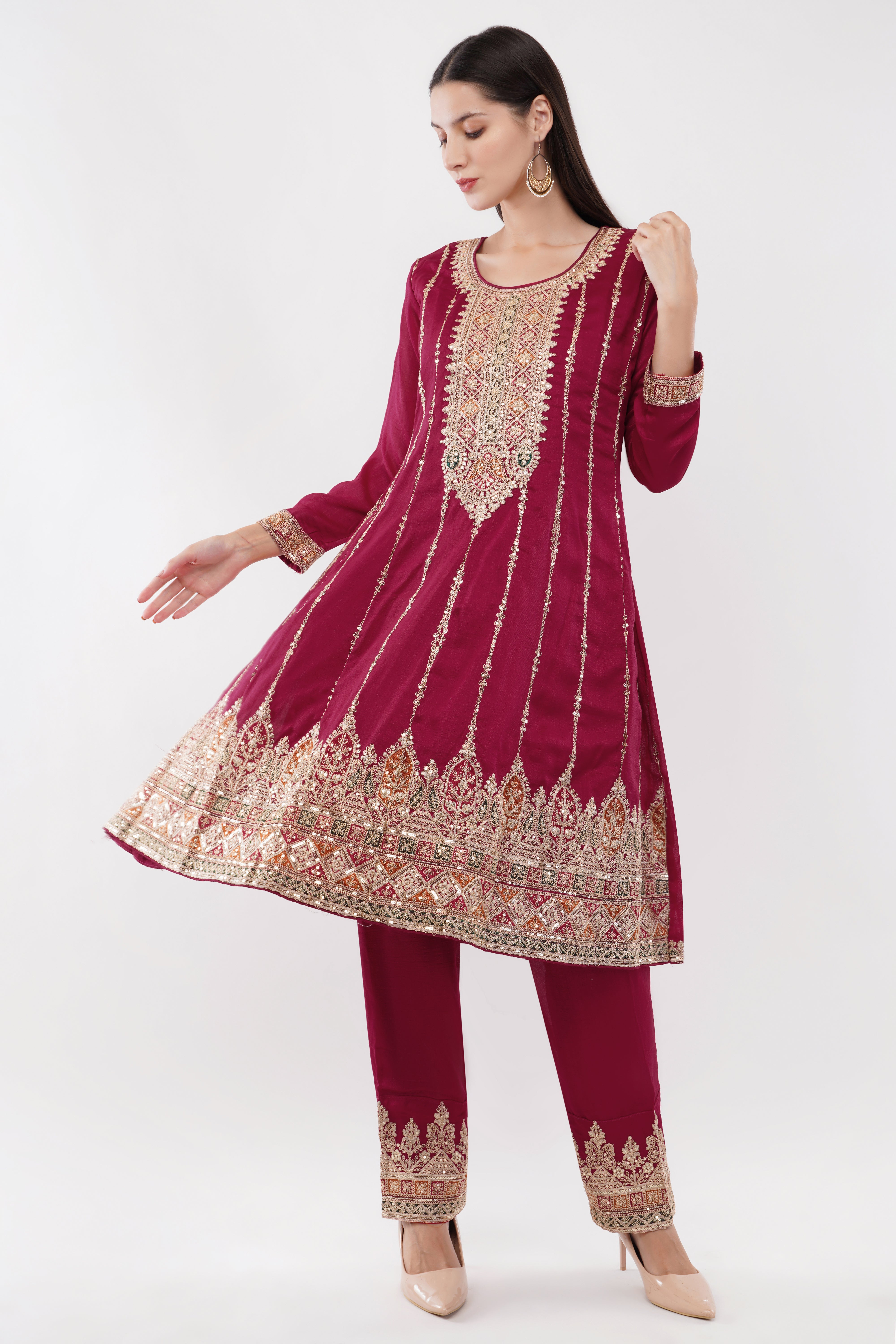 Embroidered Suit With Salwar Pants & Dupatta - Set Of 3