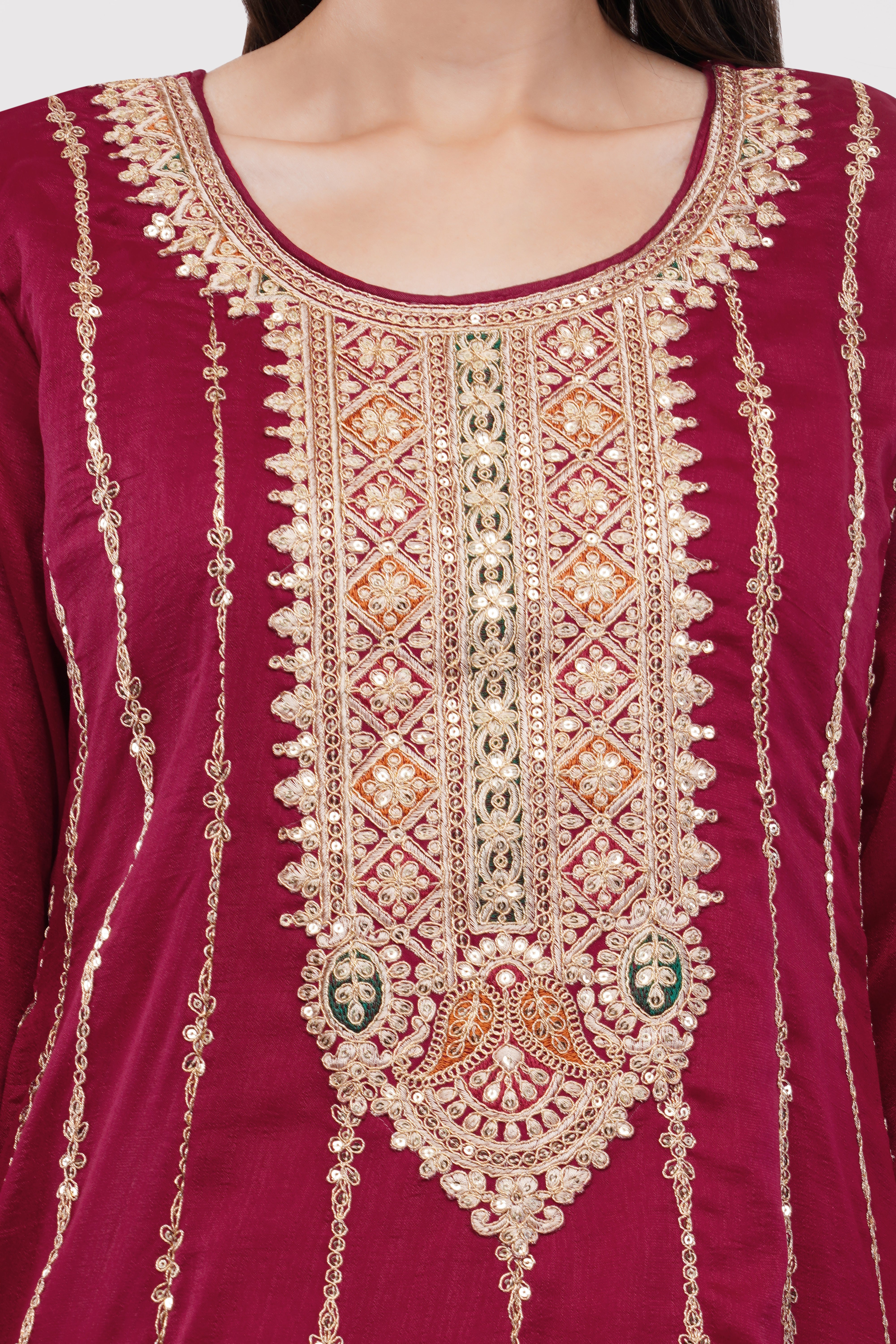 Embroidered Suit With Salwar Pants & Dupatta - Set Of 3