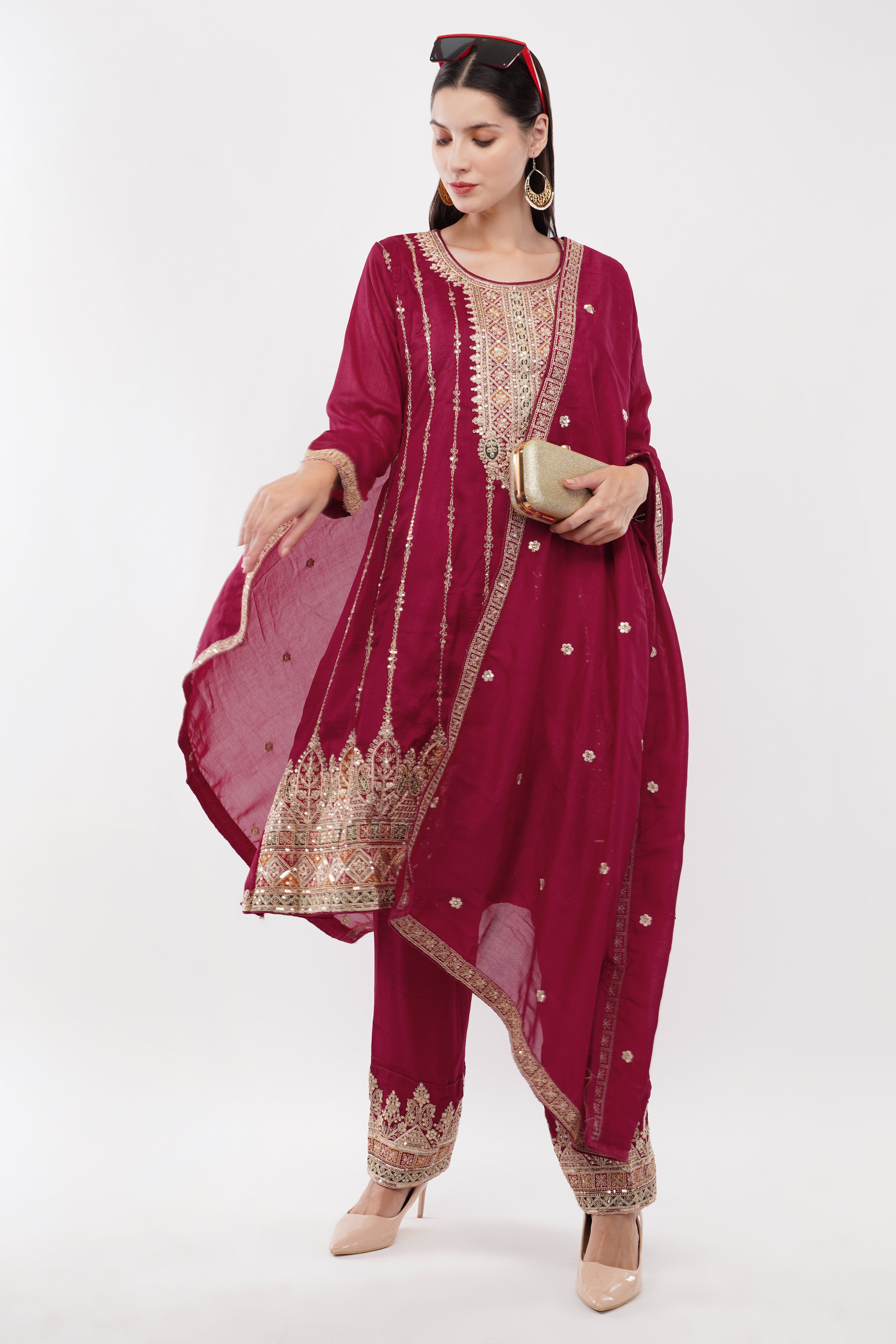 Embroidered Suit With Salwar Pants & Dupatta - Set Of 3
