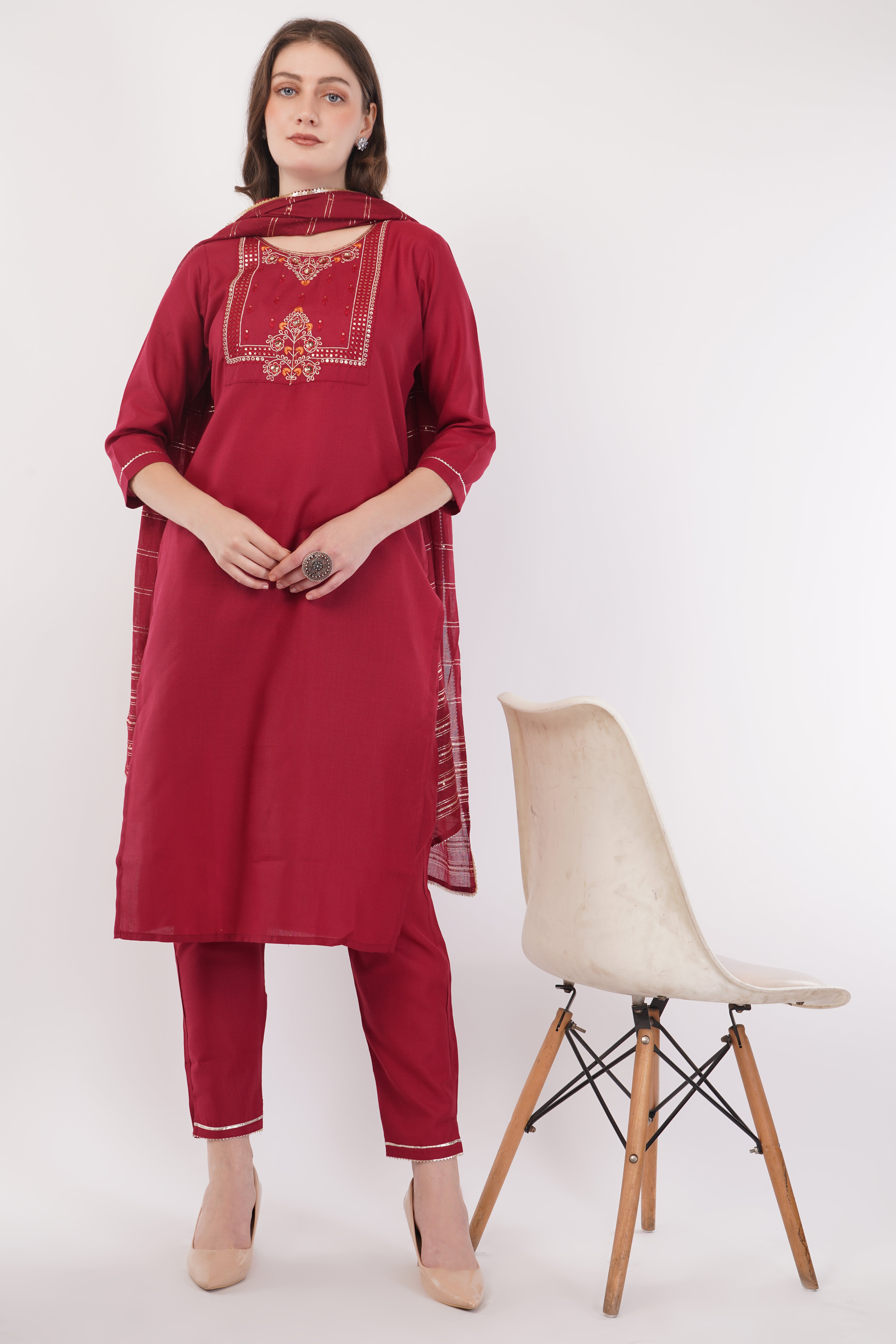 Maroon Fabric Cotton With Embroidered Yoke Suit Set - Set Of 3