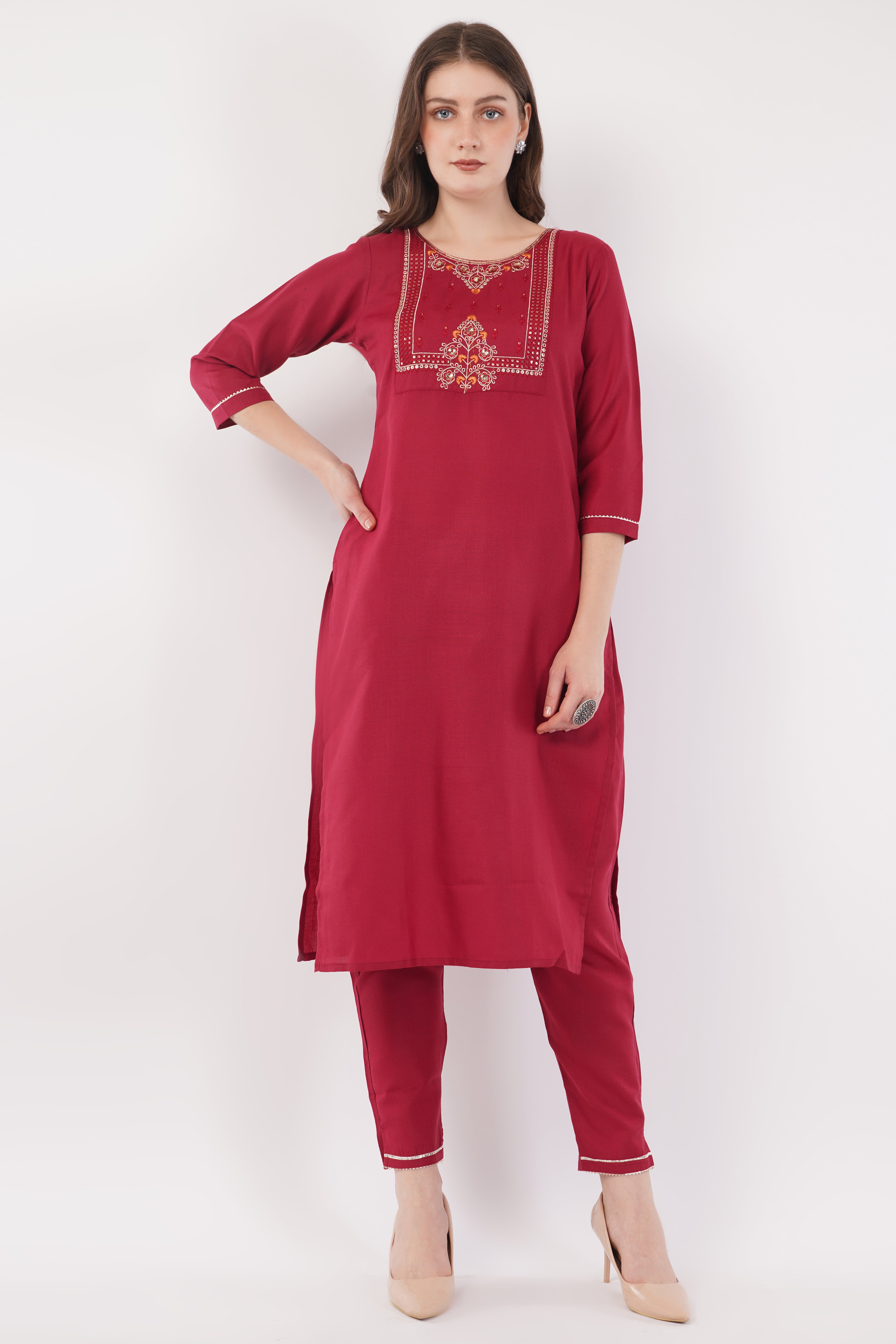 Maroon Fabric Cotton With Embroidered Yoke Suit Set - Set Of 3