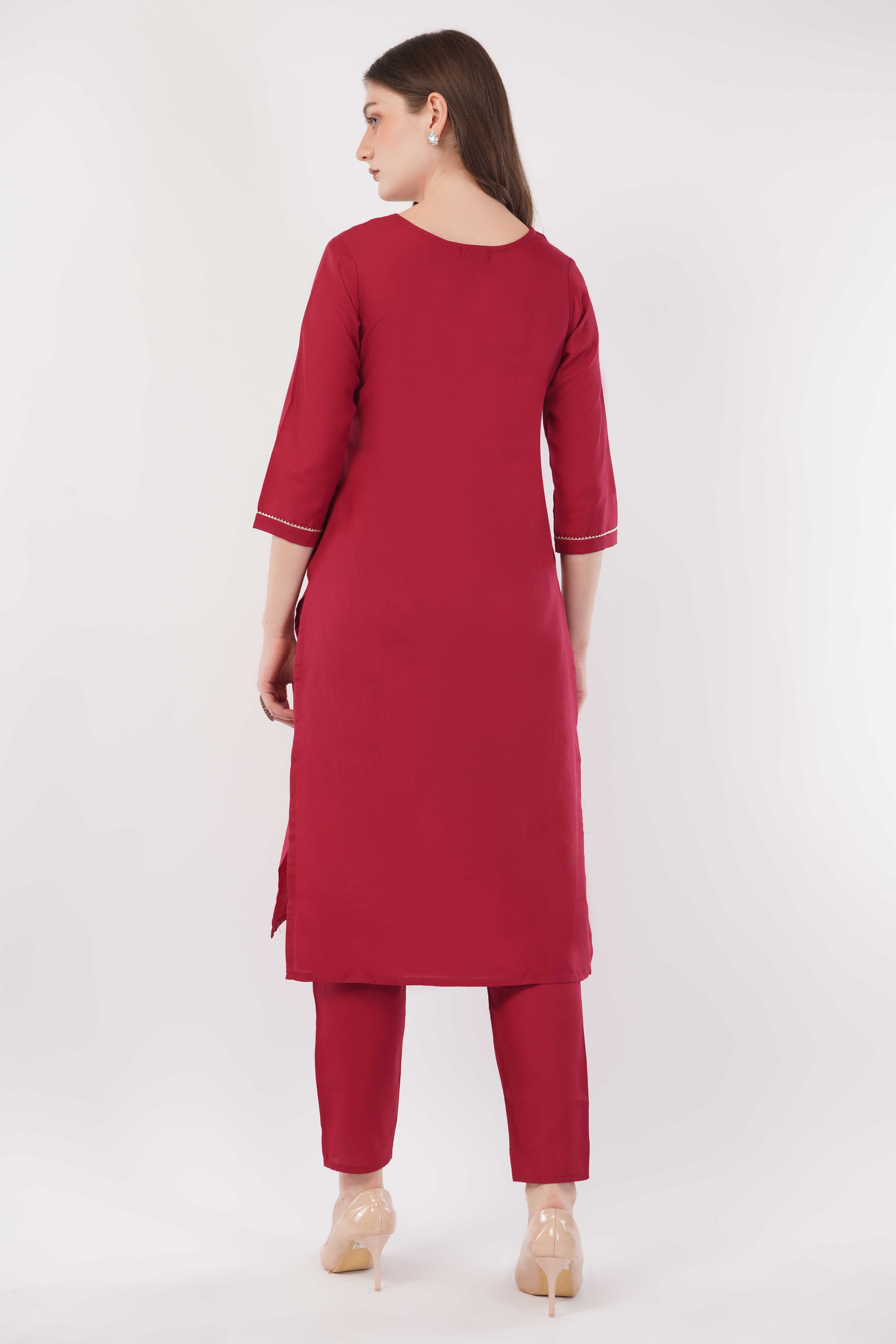 Maroon Fabric Cotton With Embroidered Yoke Suit Set - Set Of 3