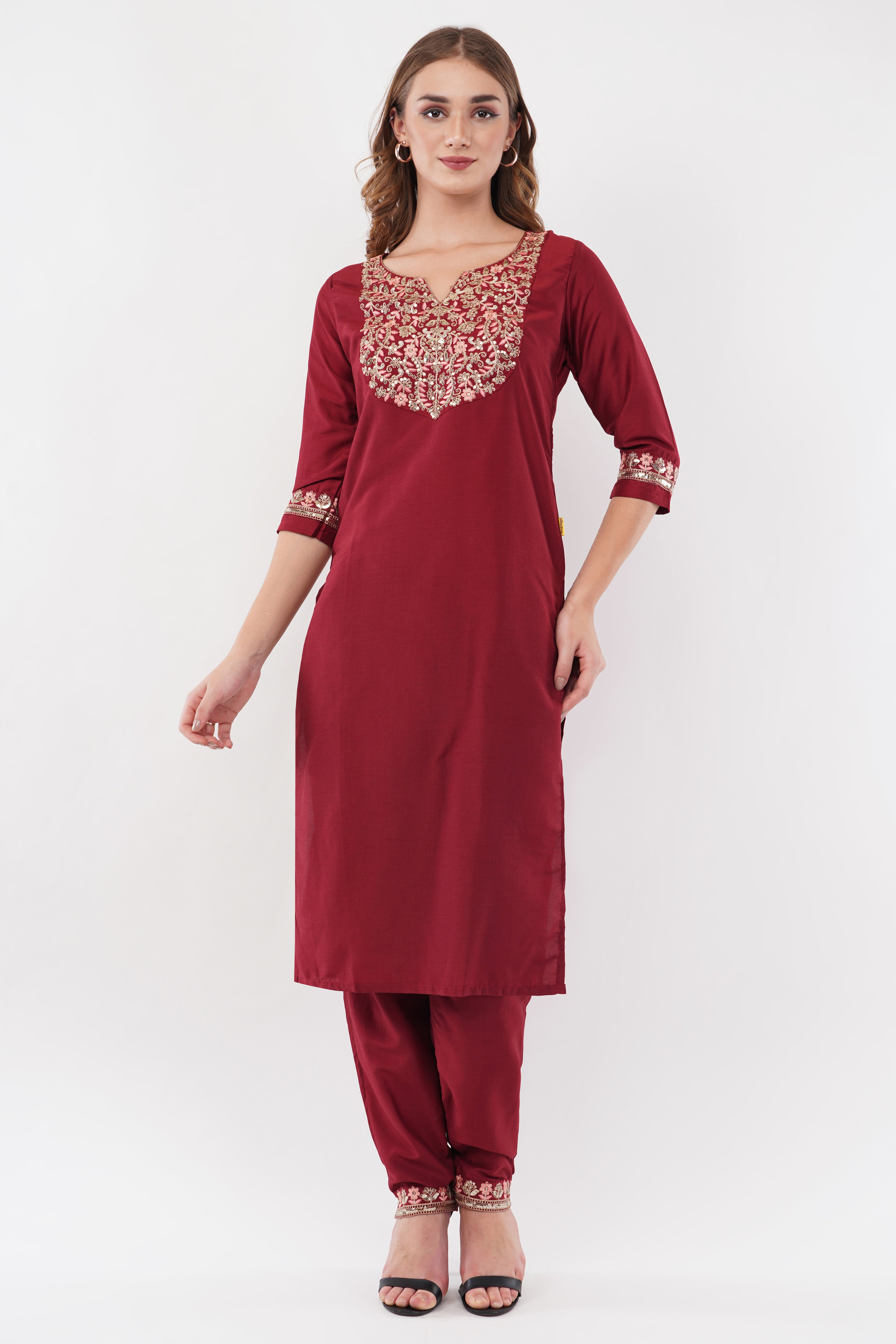 Maroon Embroidered Suit Set With Dupatta - Set Of 3