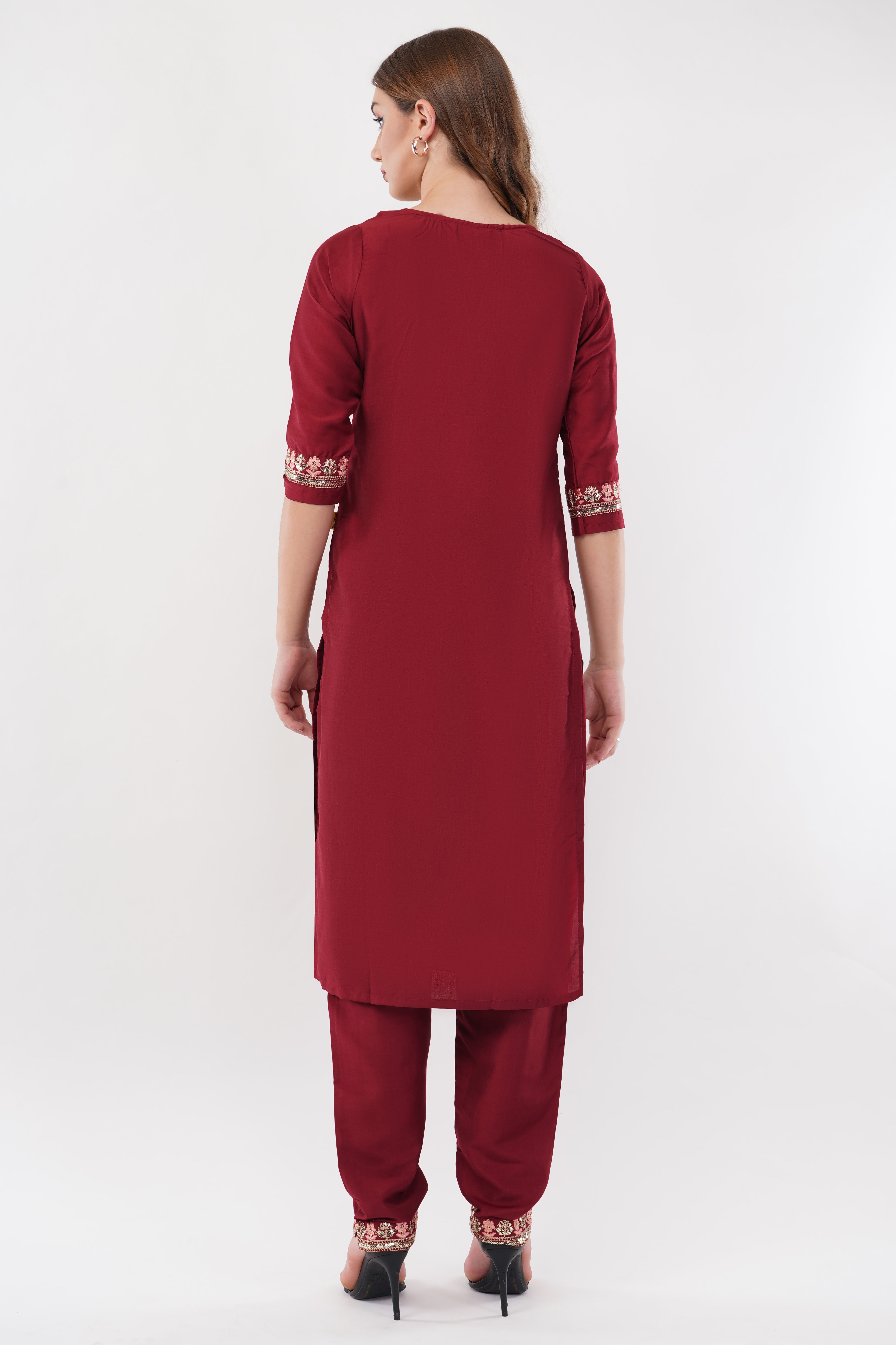 Maroon Embroidered Suit Set With Dupatta - Set Of 3