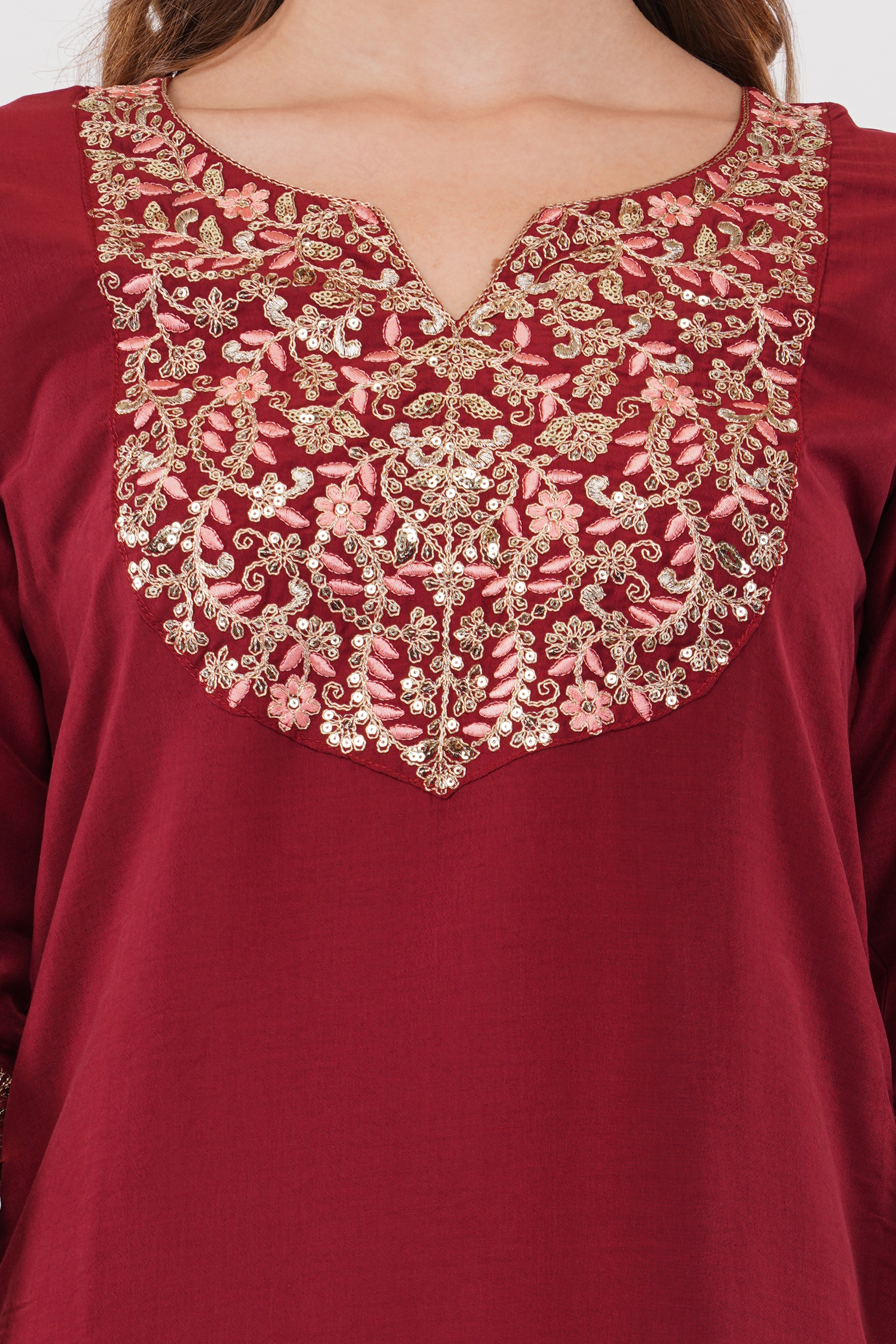 Maroon Embroidered Suit Set With Dupatta - Set Of 3