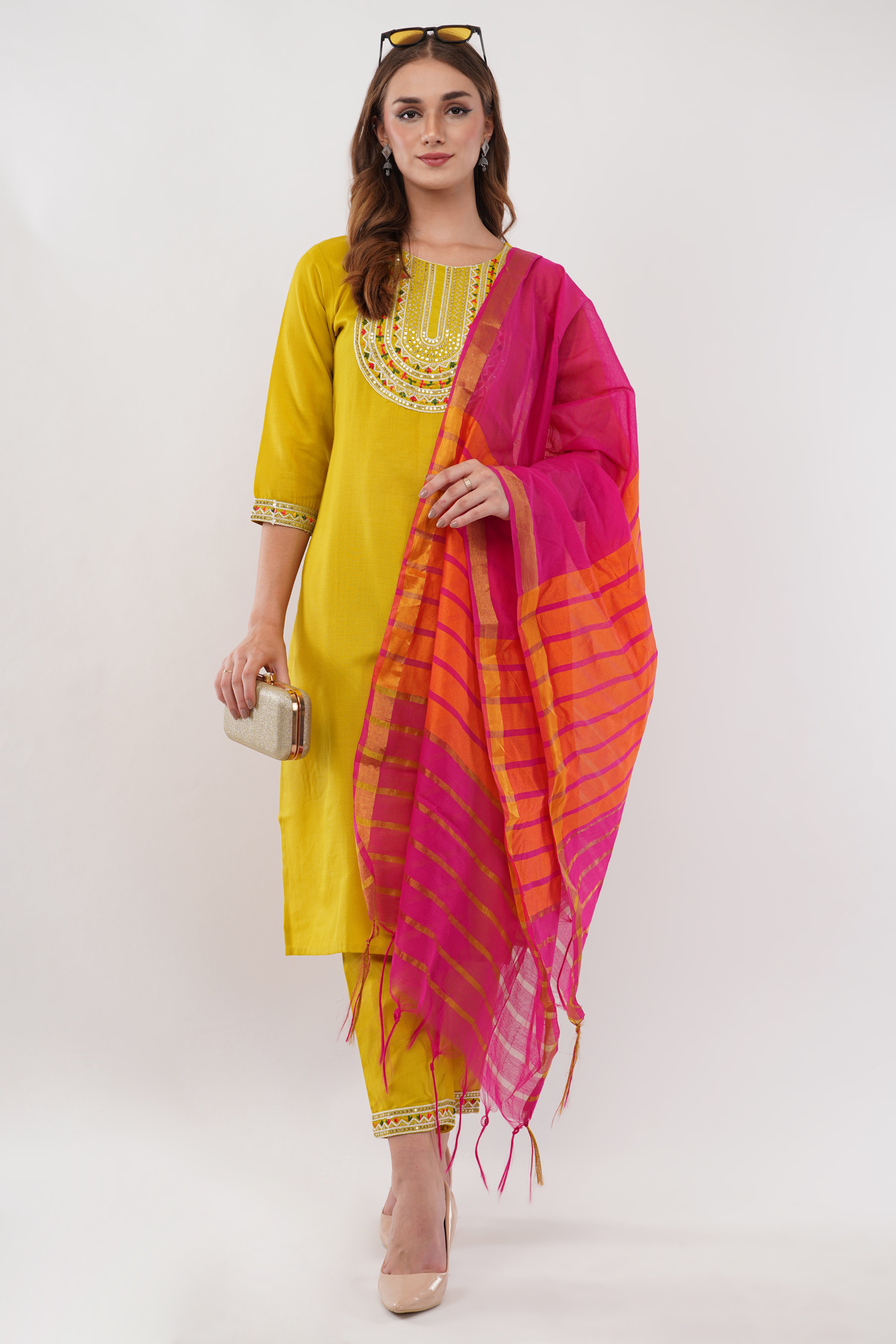 Mustard Cotton Blend Straight Suit - Set Of 3