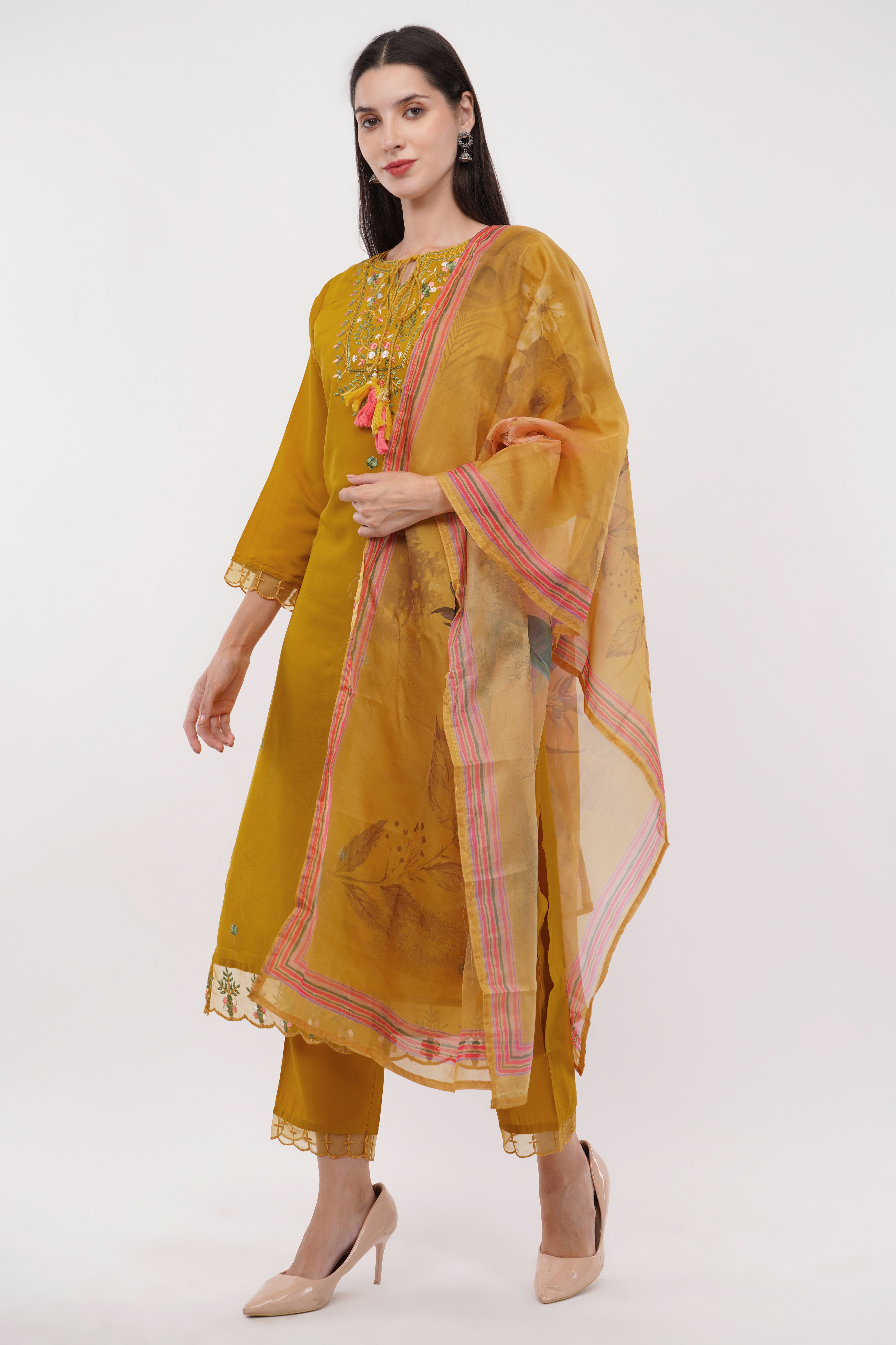 Mustard Viscose Suit With Printed Dupatta - Set Of 3