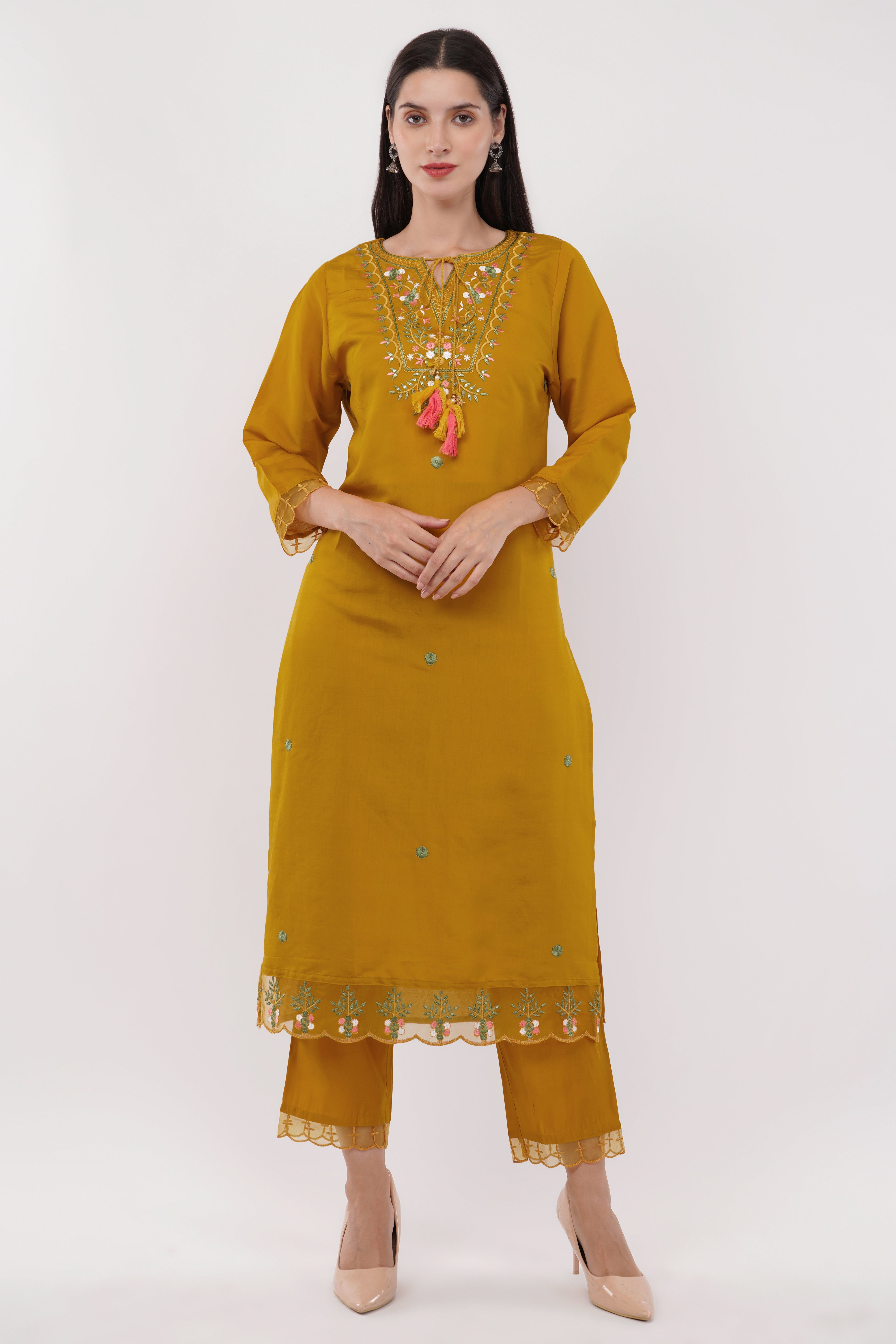 Mustard Viscose Suit With Printed Dupatta - Set Of 3