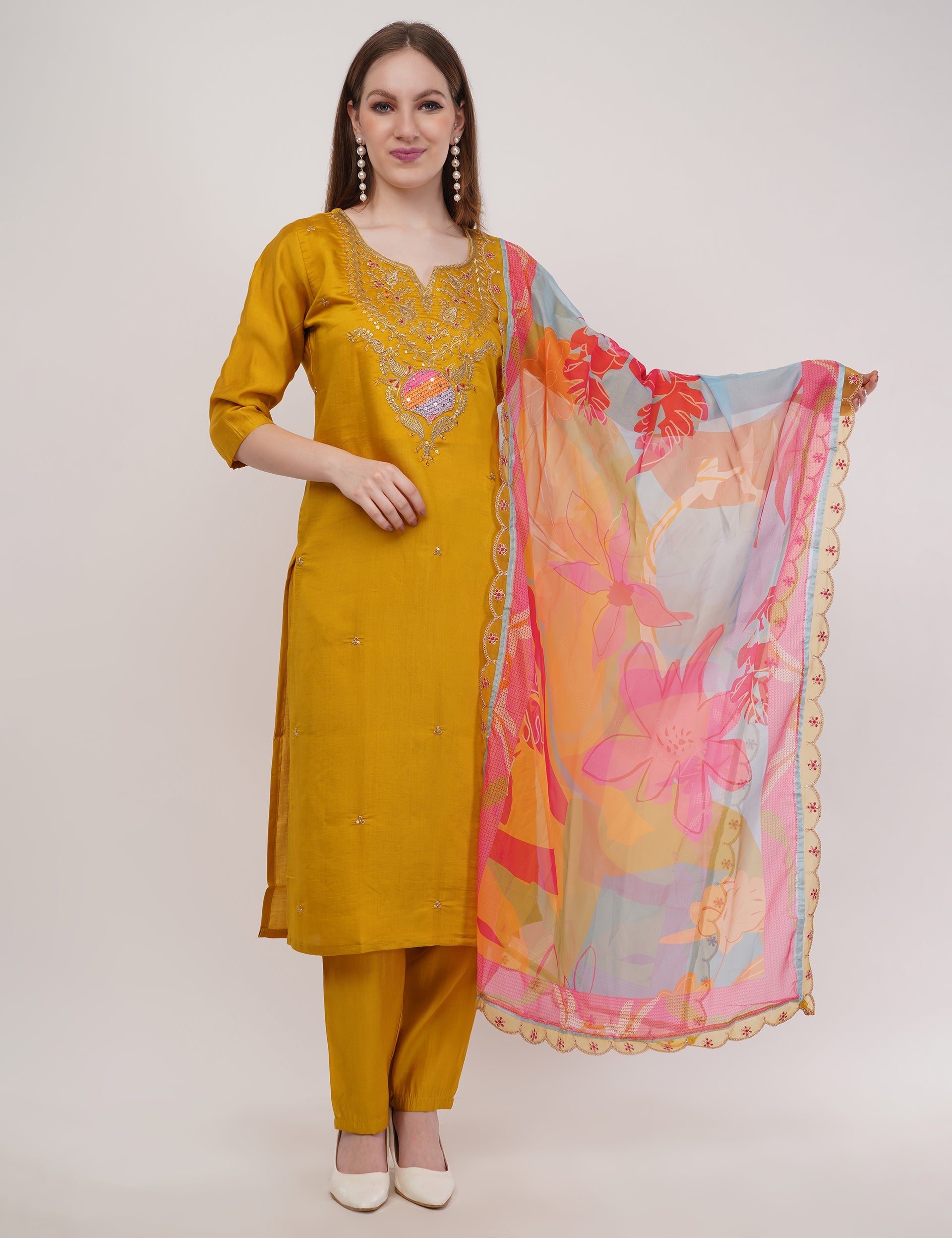 Mustard Viscose With Printed Dupatta Embellished Yoke - Set Of 3