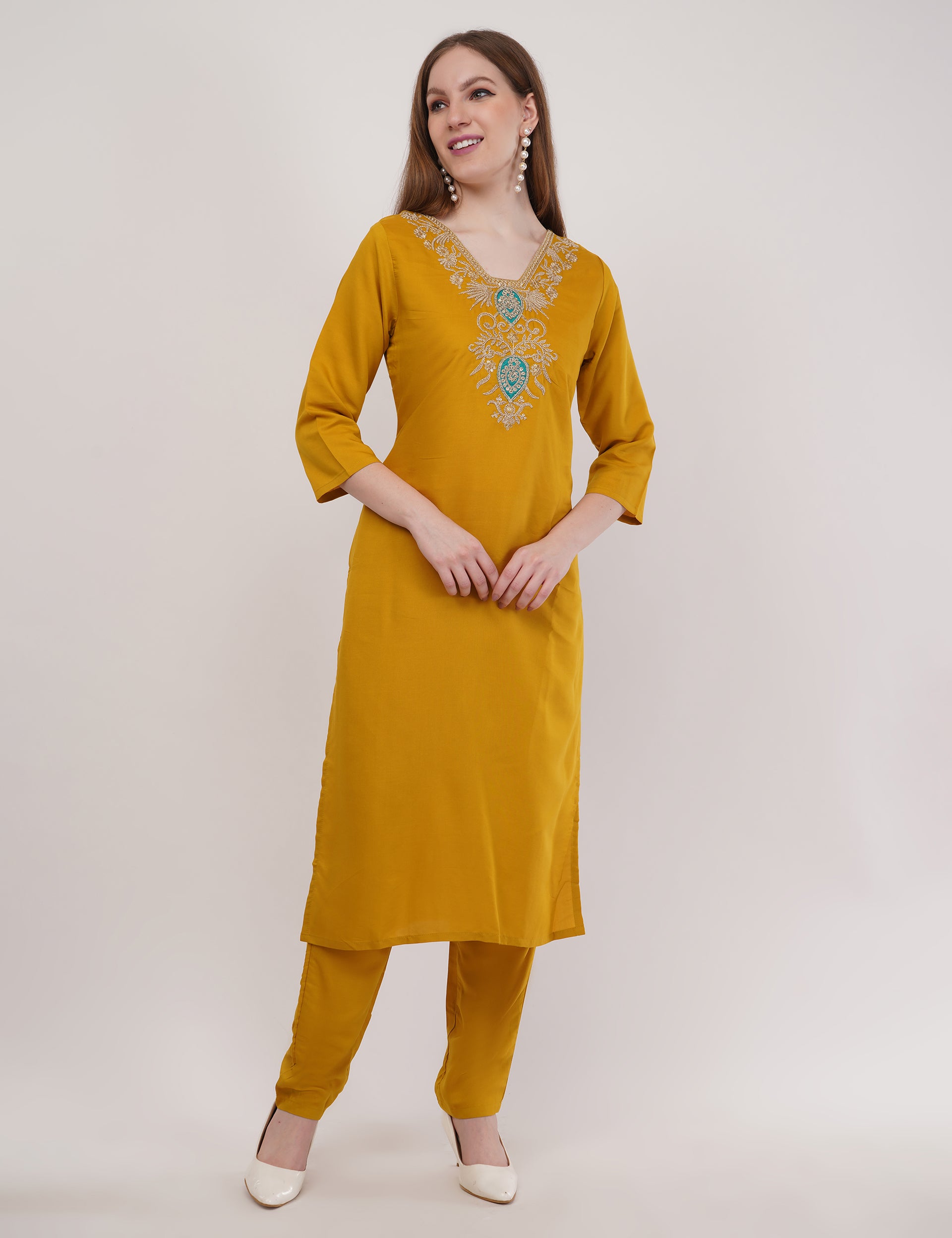 Mustard Viscose With Printed Dupatta - Set Of 3
