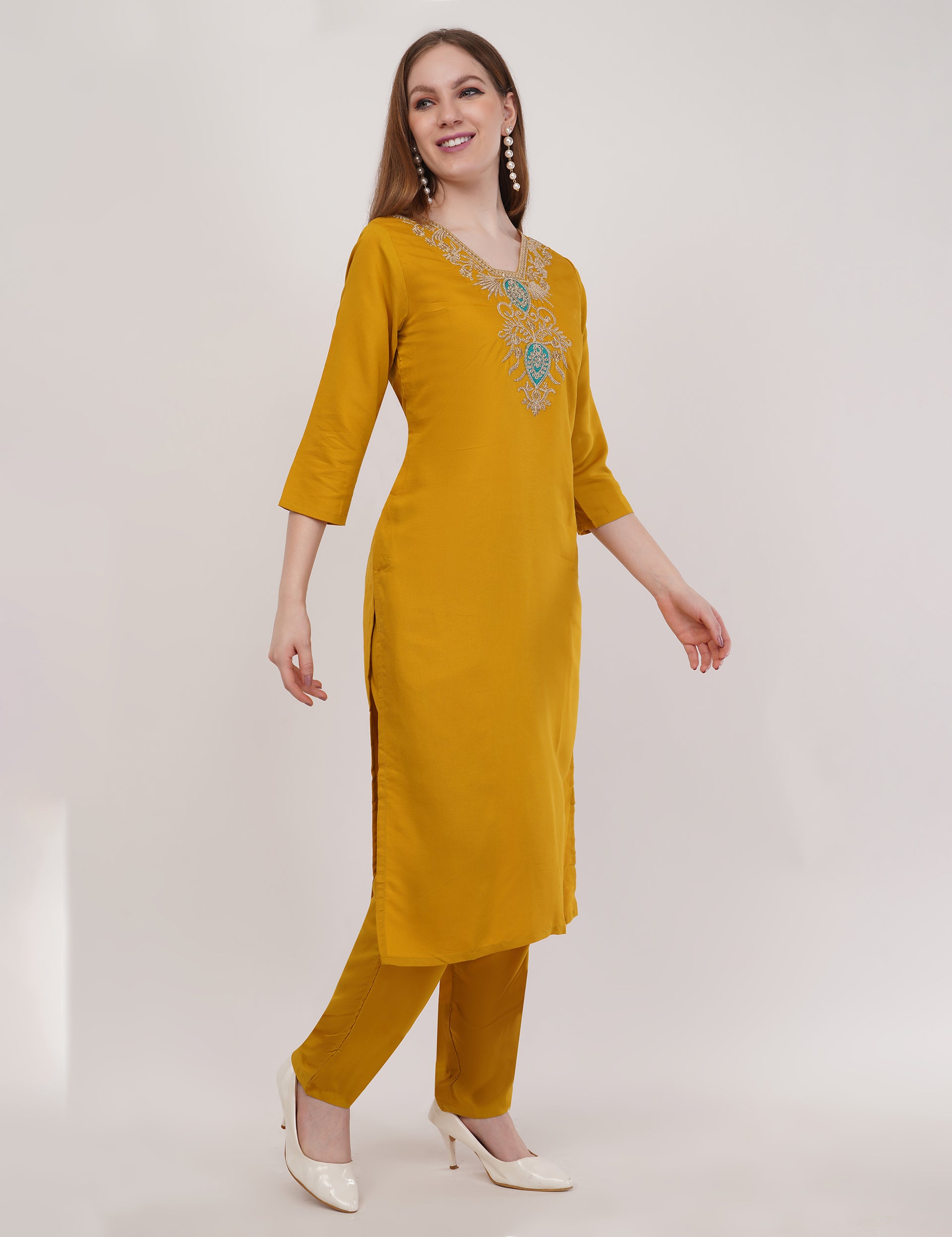 Mustard Viscose With Printed Dupatta - Set Of 3