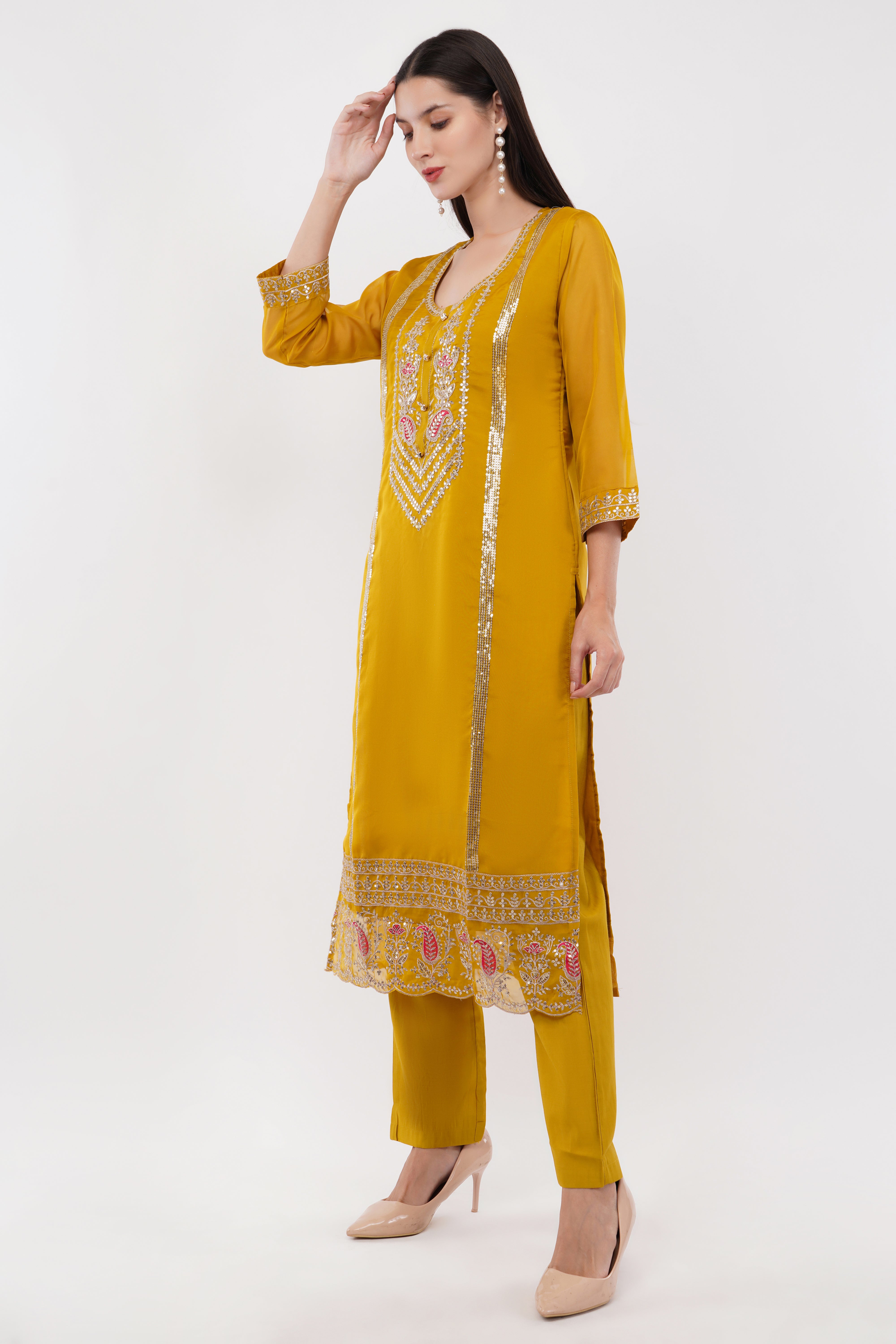 Mustard Embroidered Suit Set - Set Of 3