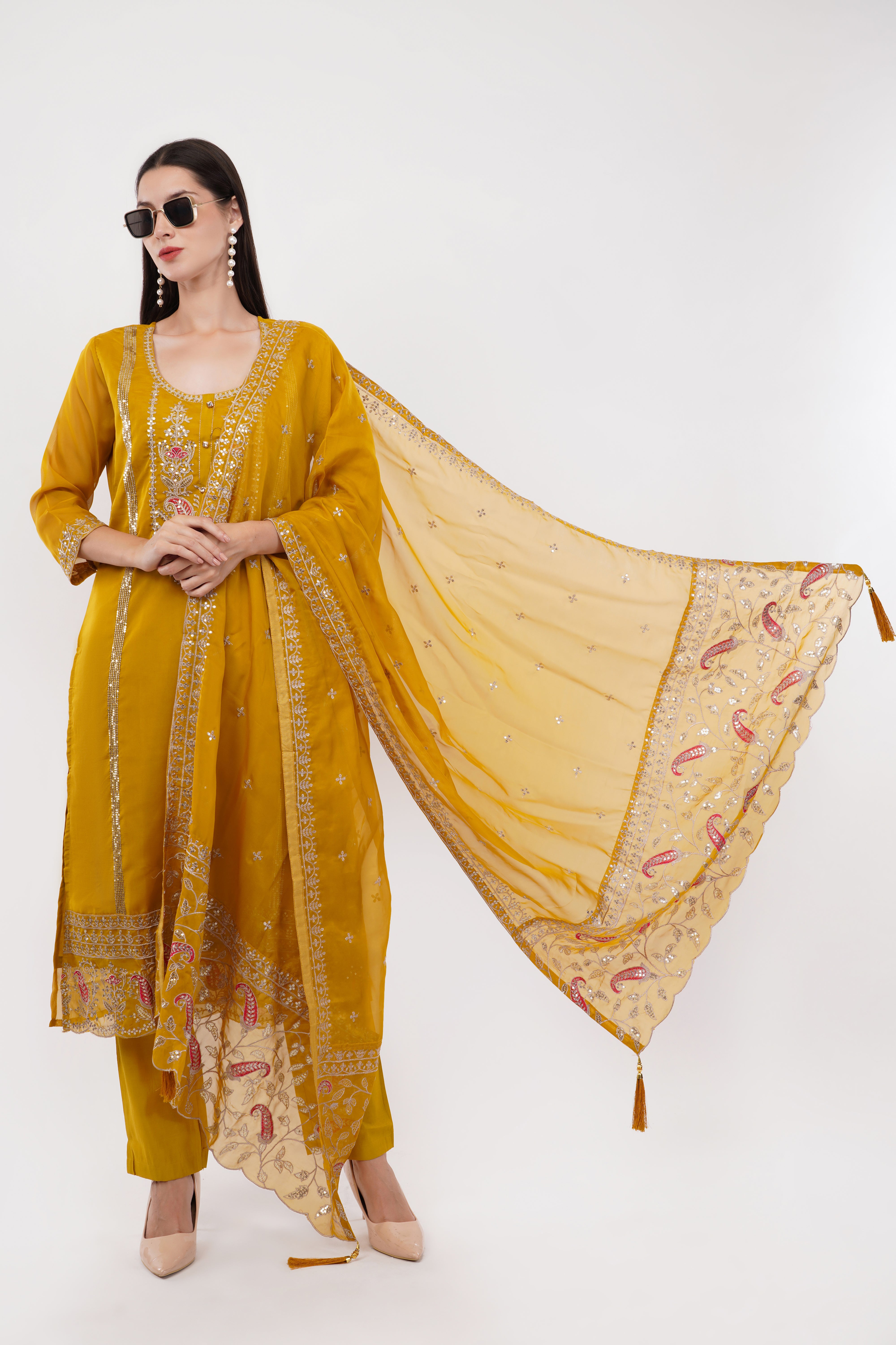 Mustard Embroidered Suit Set - Set Of 3