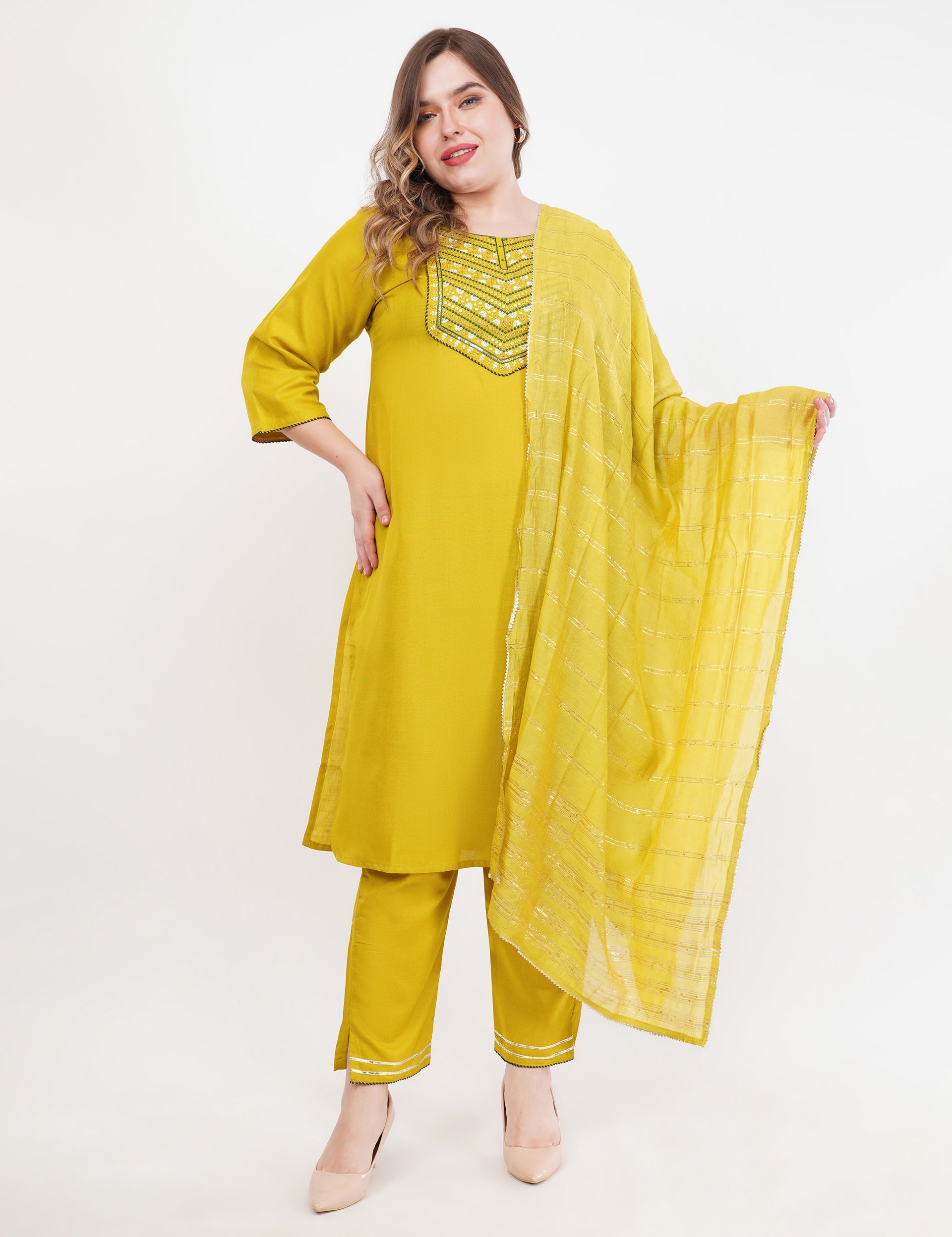 Mustard Cotton Fabric Suit Set With Embroidered Yoke - Set Of 3