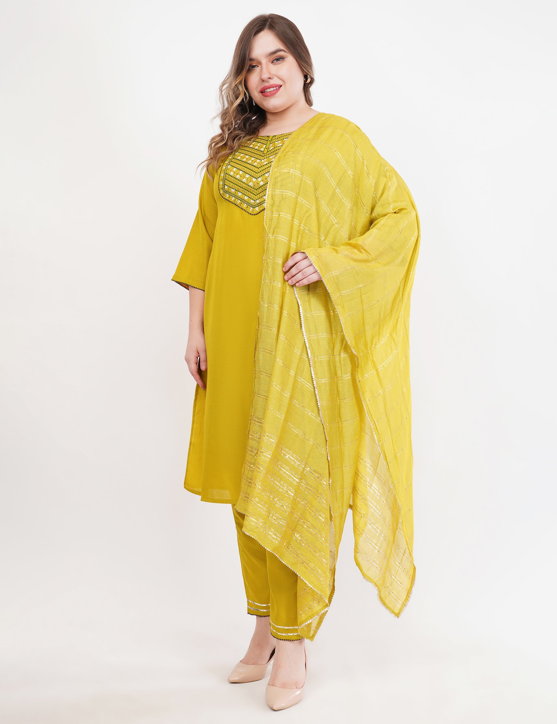 Mustard Cotton Fabric Suit Set With Embroidered Yoke - Set Of 3