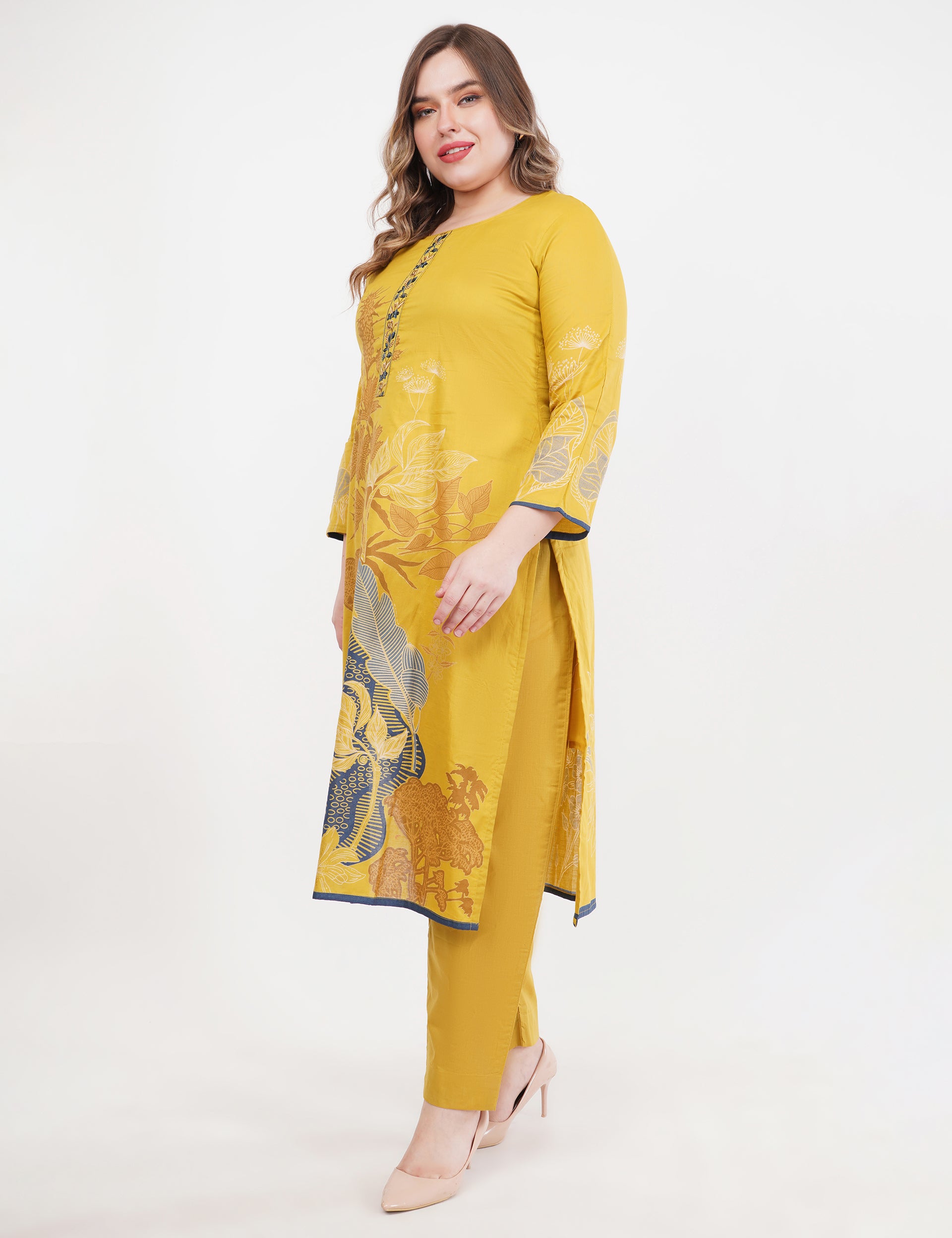 Printed & Embroidered Mustard Suit Set - Set Of 3