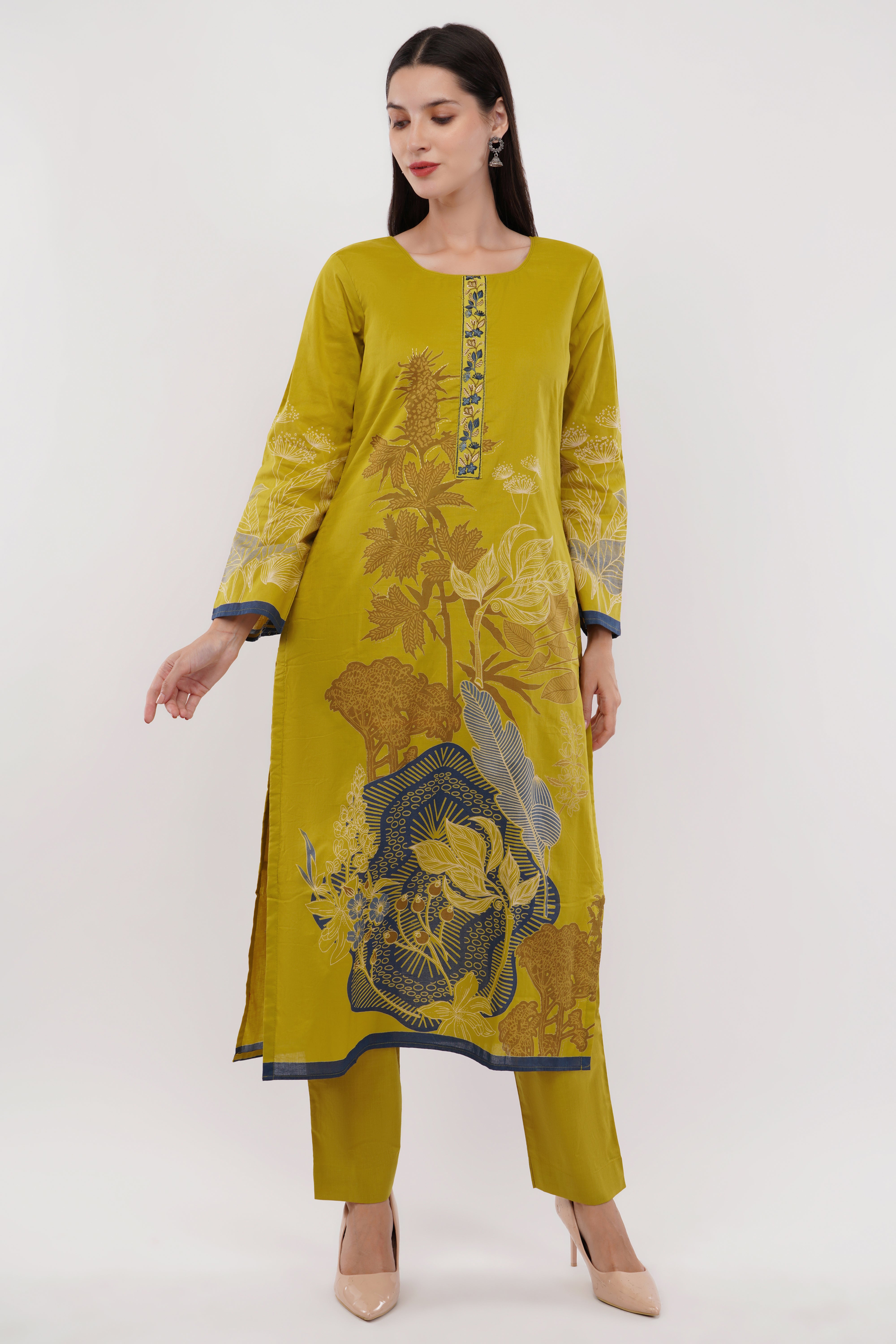 Printed & Embroidered Mustard Suit Set - Set Of 3